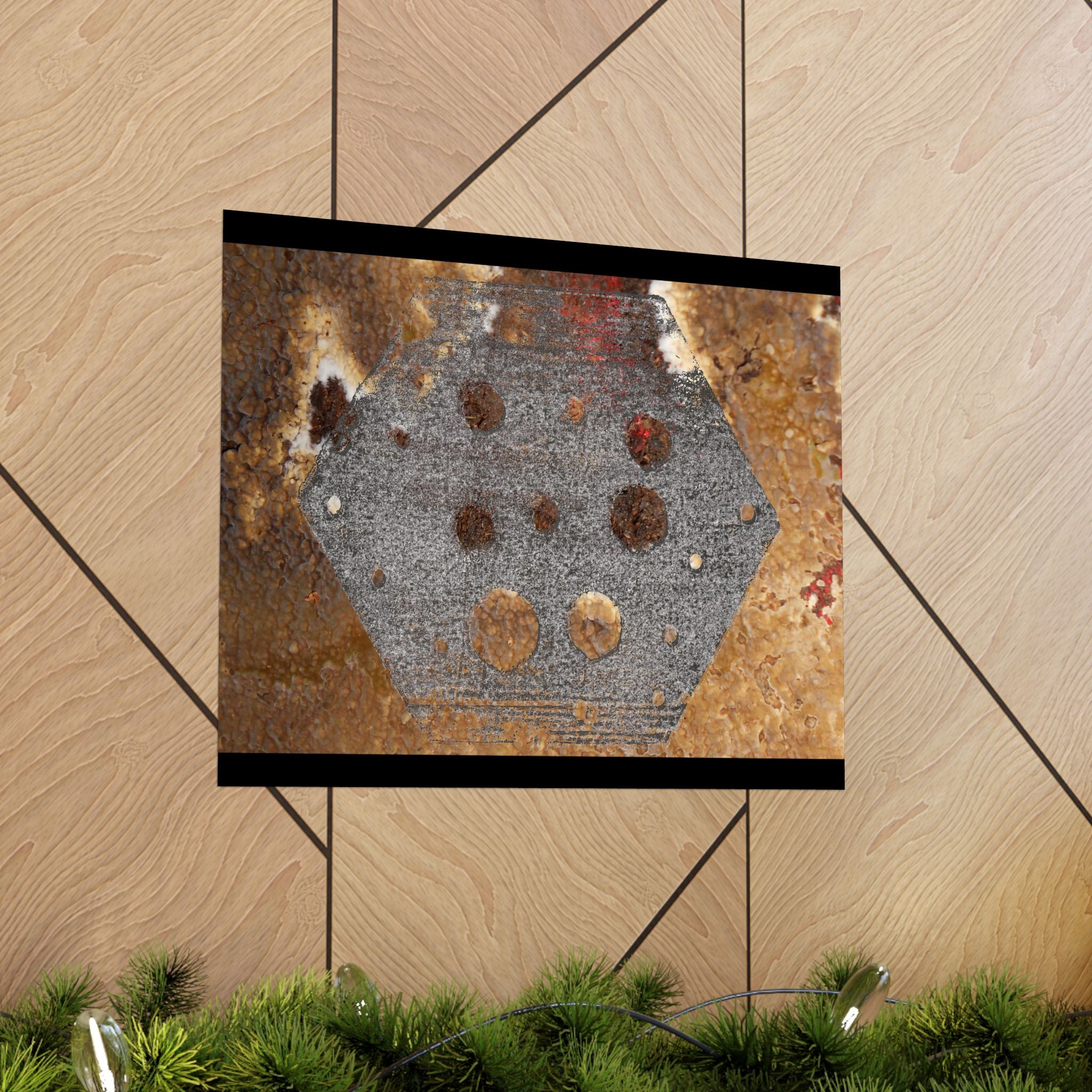 Abstracte roestkleurige zeshoekige matte horizontale poster — Industriële wanddecoratie voor thuis, kantoor en loft. 