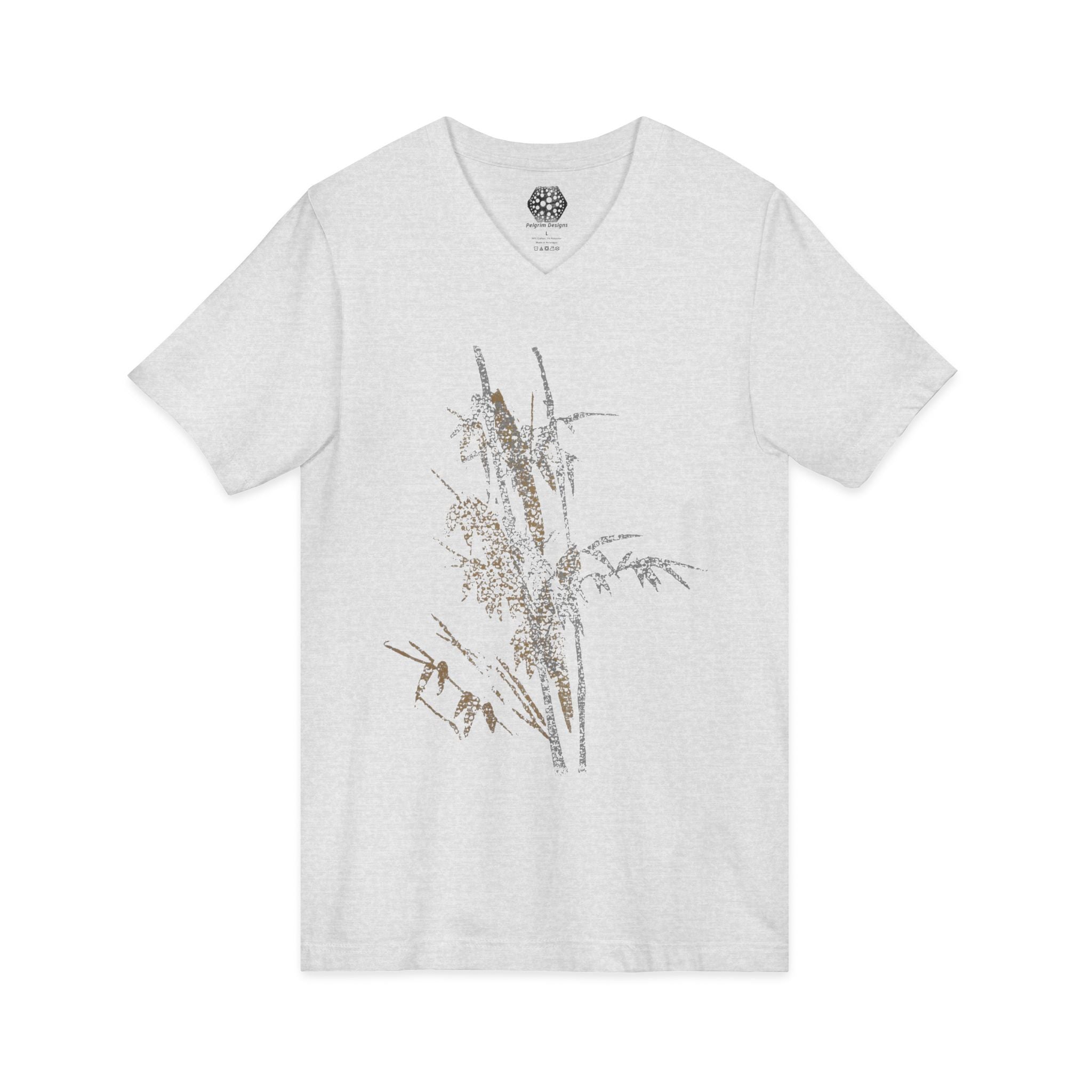 Botanical Grass V-Neck Tee — Minimal Dried Wildflower Illustration Shirt