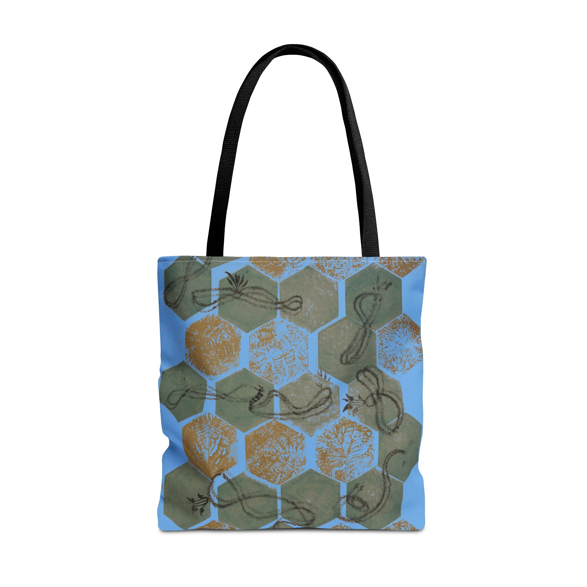 Hexagon Honeycomb Tote Bag — Blue Botanical Pattern AOP