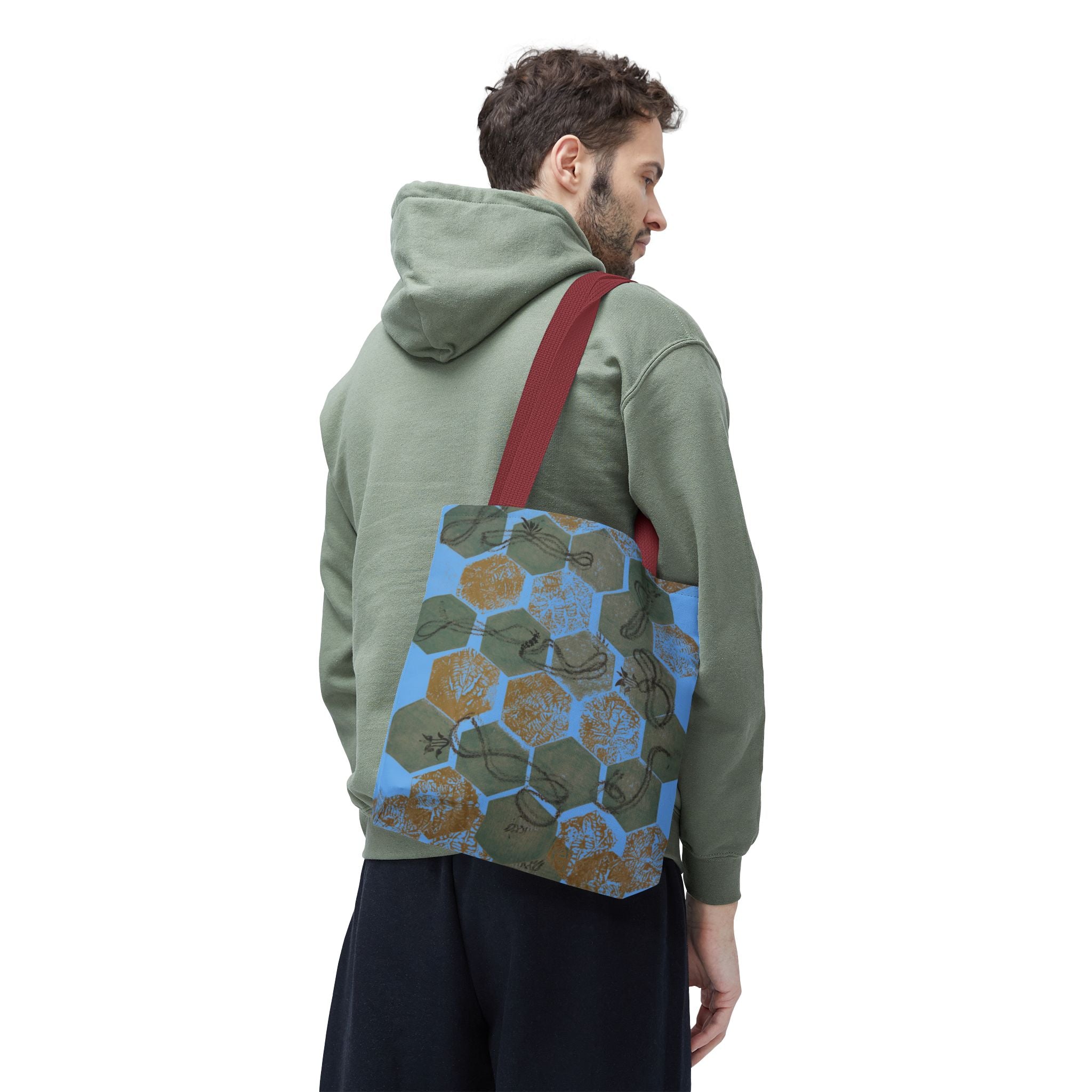 Hexagon Honeycomb Tote Bag — Blue Botanical Pattern AOP