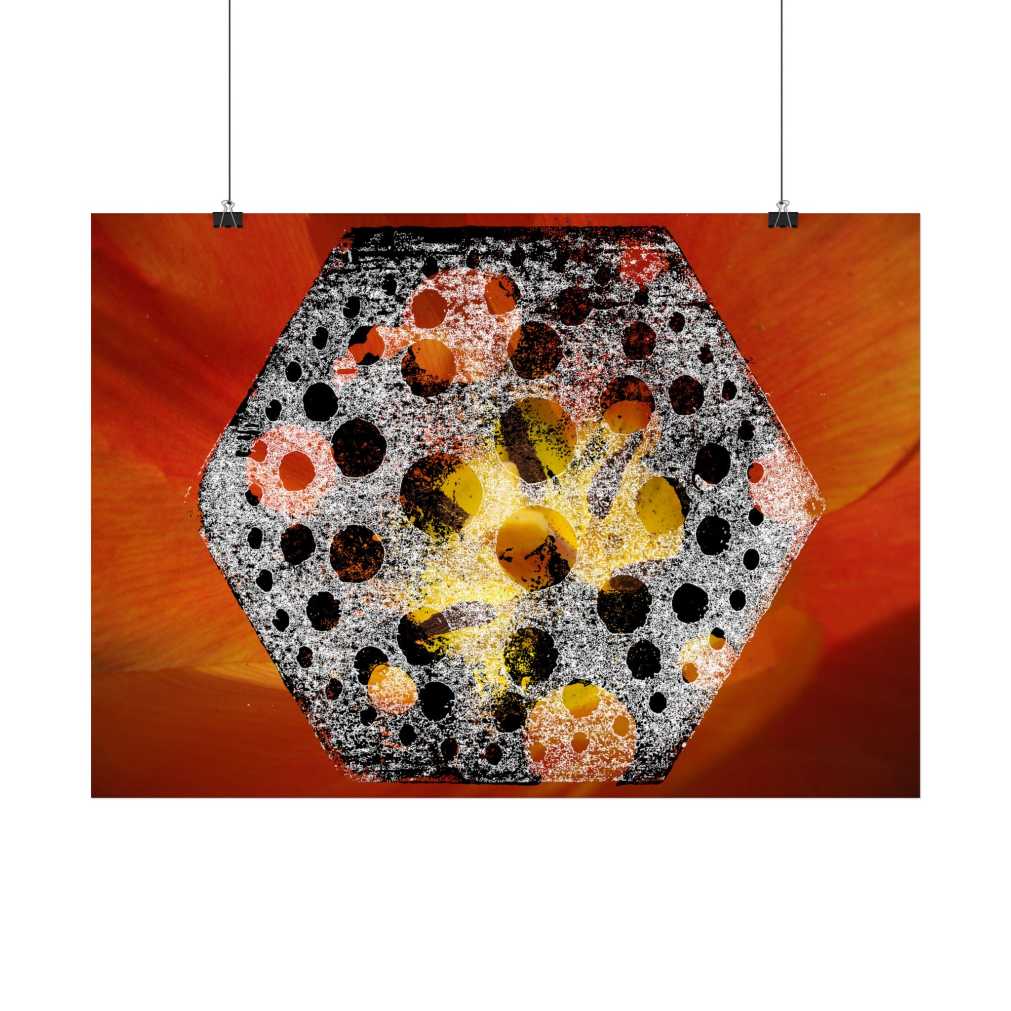 Abstracte zeshoekige bloemenposter — Opvallende oranje moderne muurdecoratie 