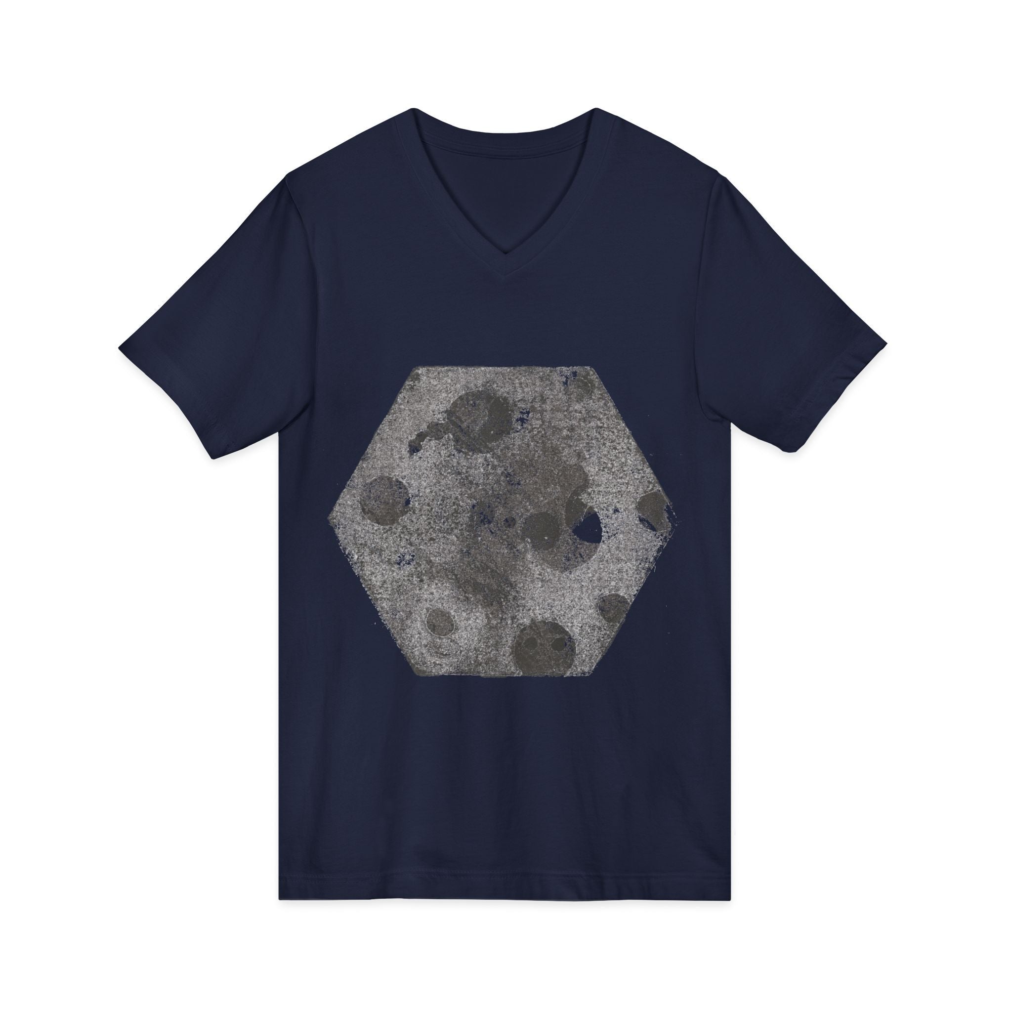 Hex Moon Graphic Tee Design Hex14 — Een vintage T-shirt met V-hals en een verweerde Space Cheese-look, geïnspireerd op astronomie.