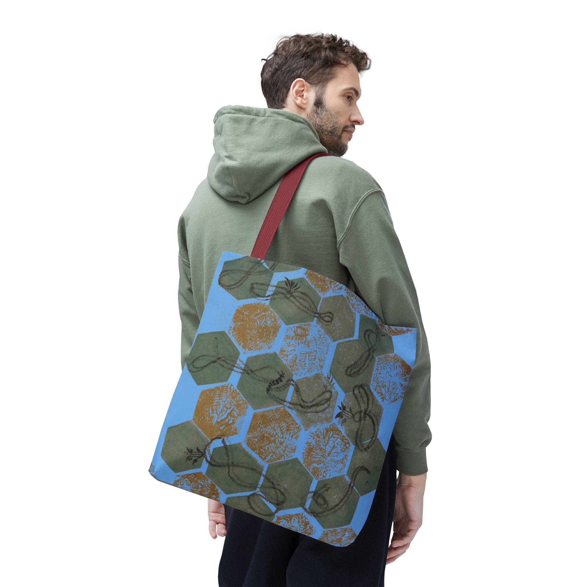 Hexagon Honeycomb Tote Bag — Blue Botanical Pattern AOP