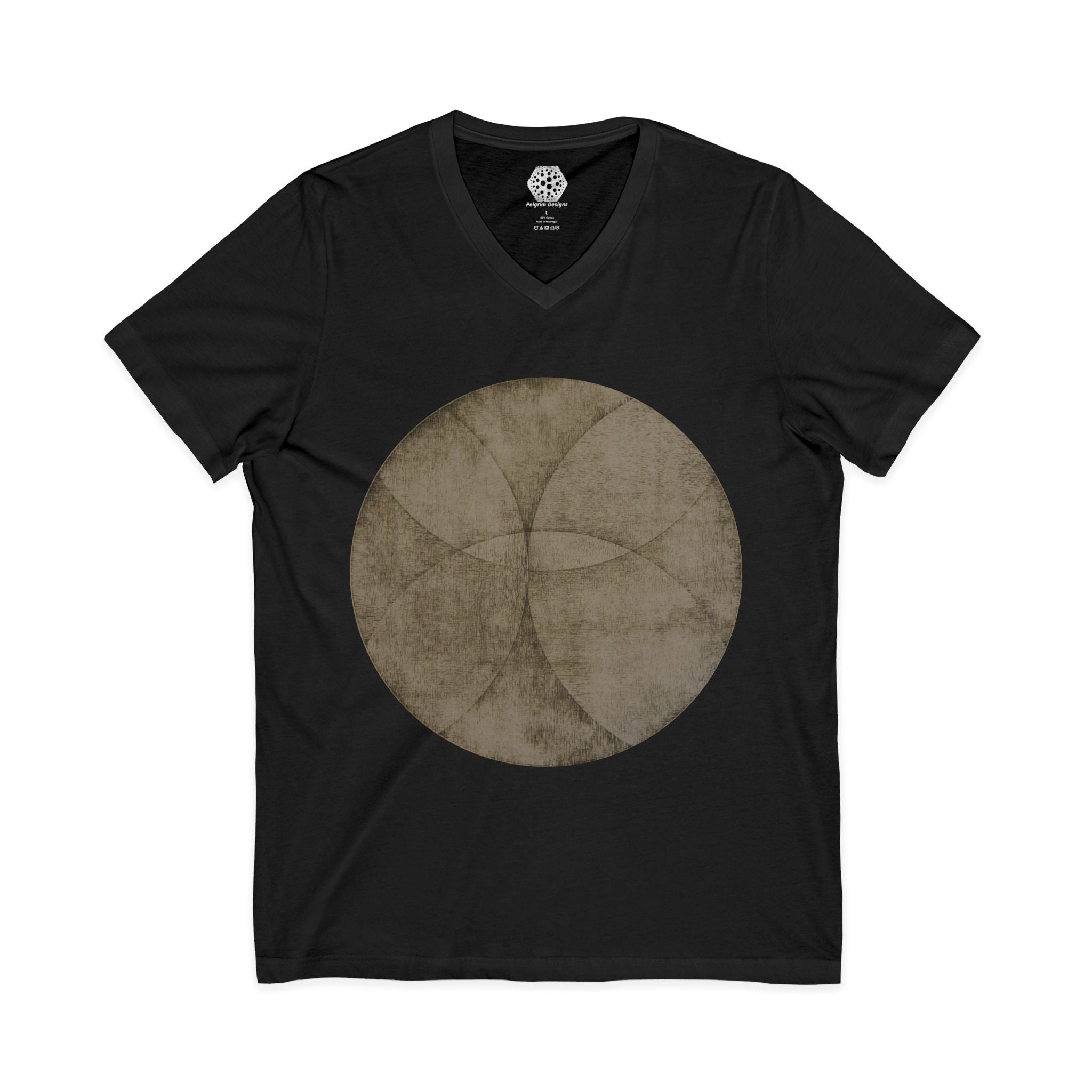 Vintage Geometric Circle V‑Neck Tee — Worn Texture Sacred Geometry Shirt