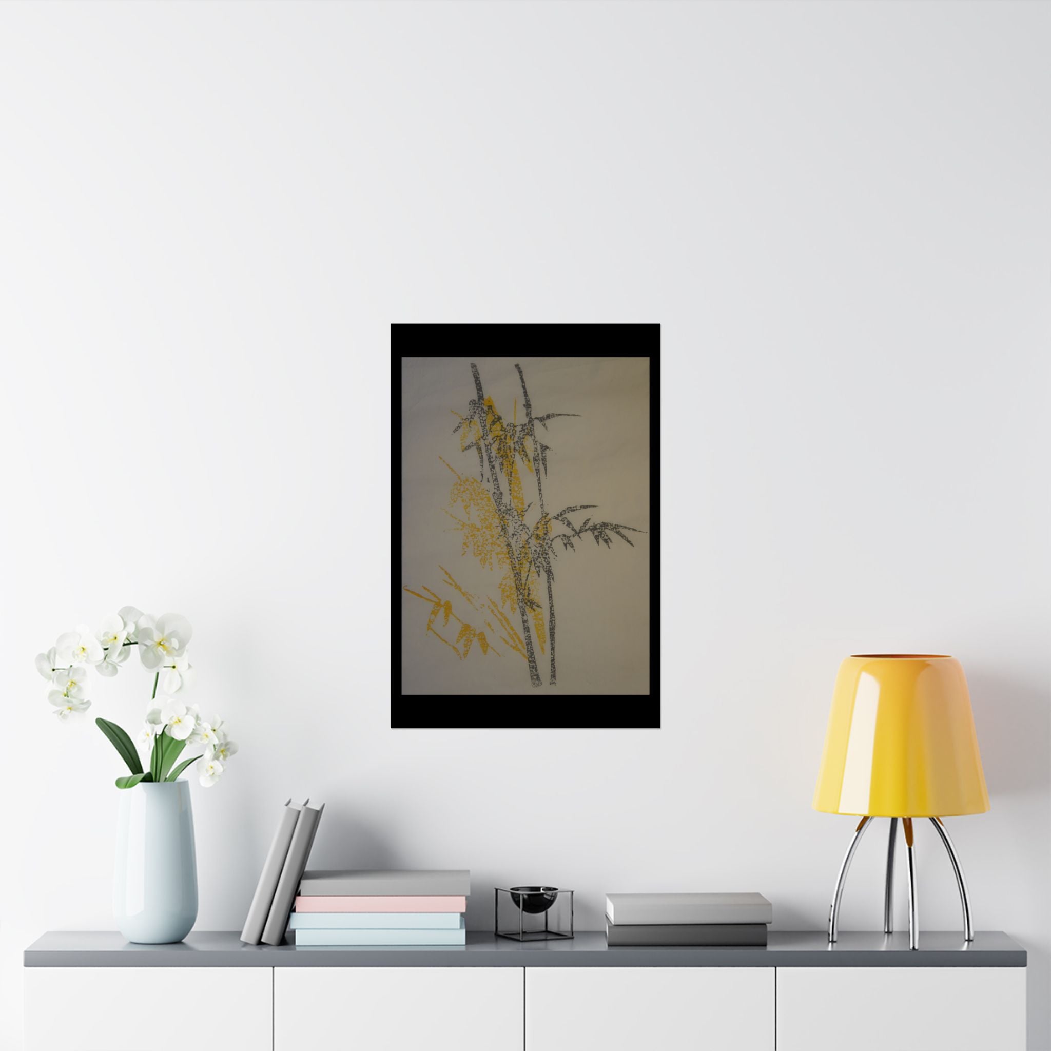 Botanical Bamboo Art Poster — Minimalist Yellow & Gray Matte Vertical Print