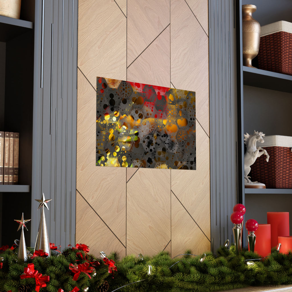 Abstracte matte poster met honingraatpatroon — Geometrische kunst in warme goud- en roesttinten 