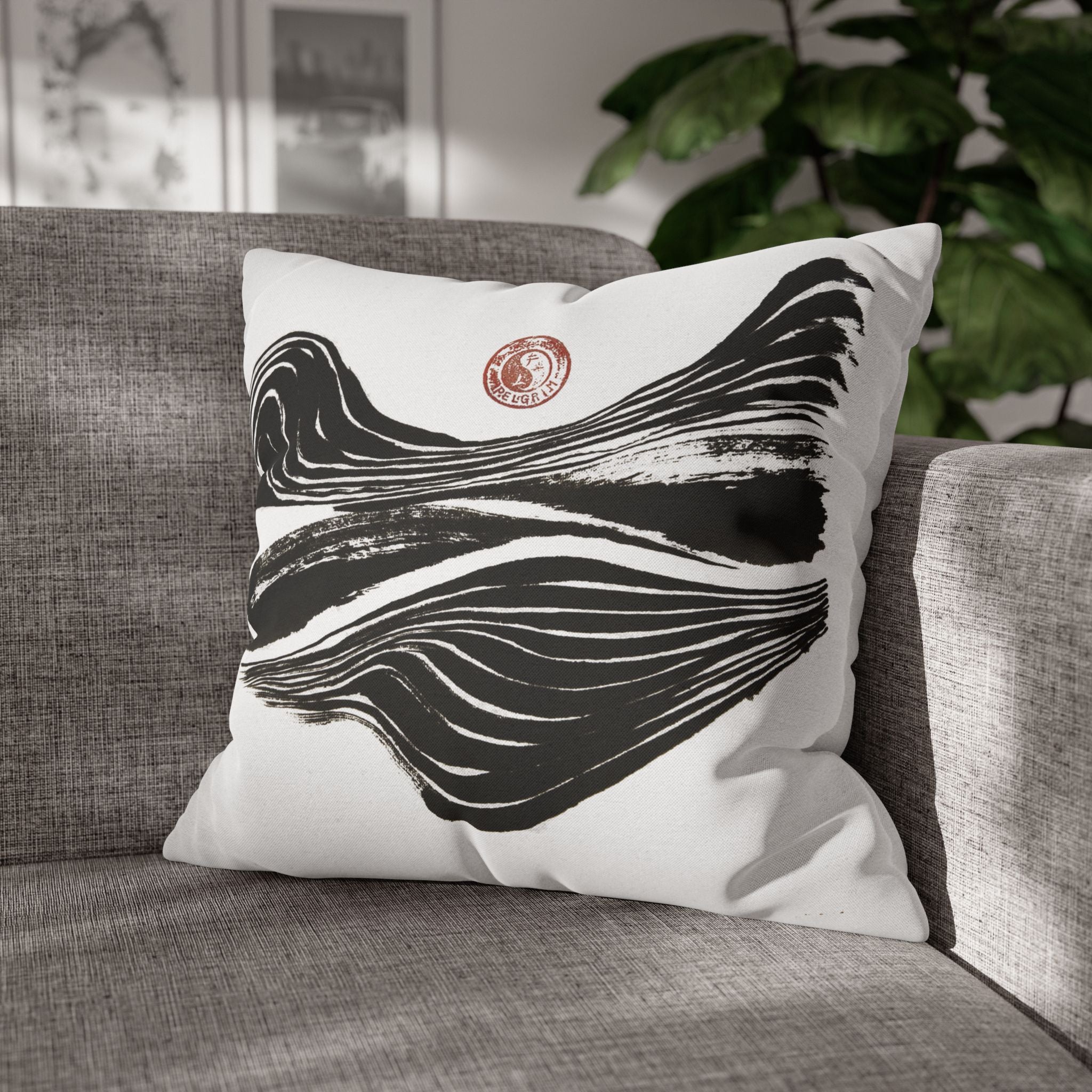Abstract Zen Brushstroke Pillowcase — Minimalist Black & White Decorative Pillow