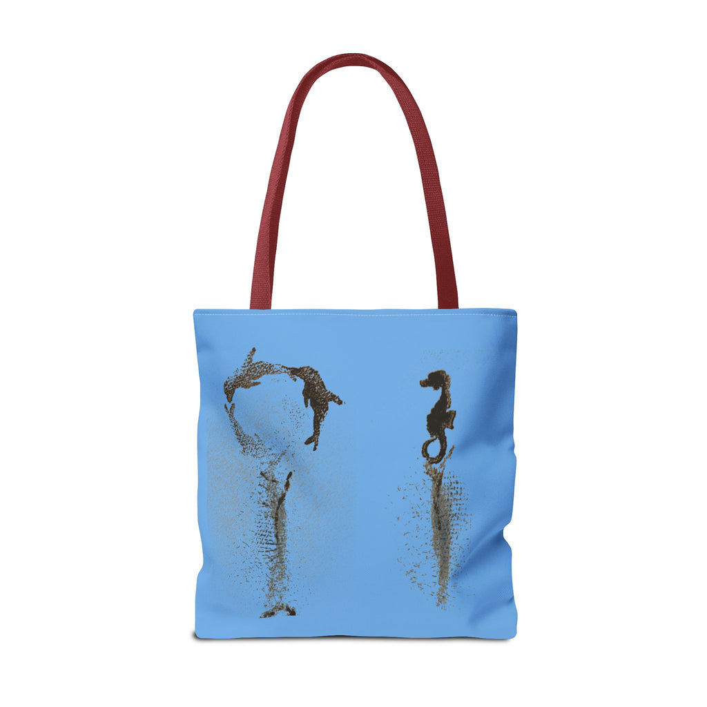 Blue Sea Life Tote Bag — Sand Art Seahorse & Coral All-Over Print