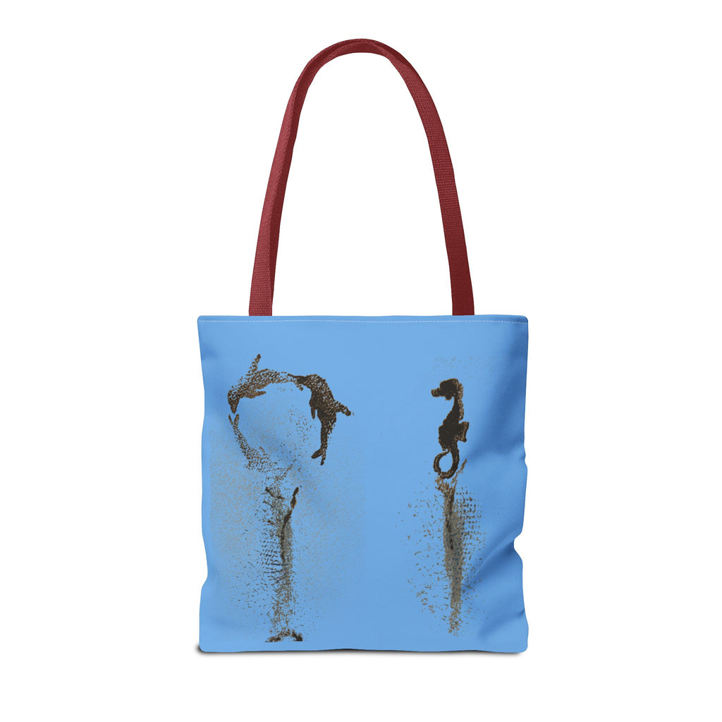 Blue Sea Life Tote Bag — Sand Art Seahorse & Coral All-Over Print