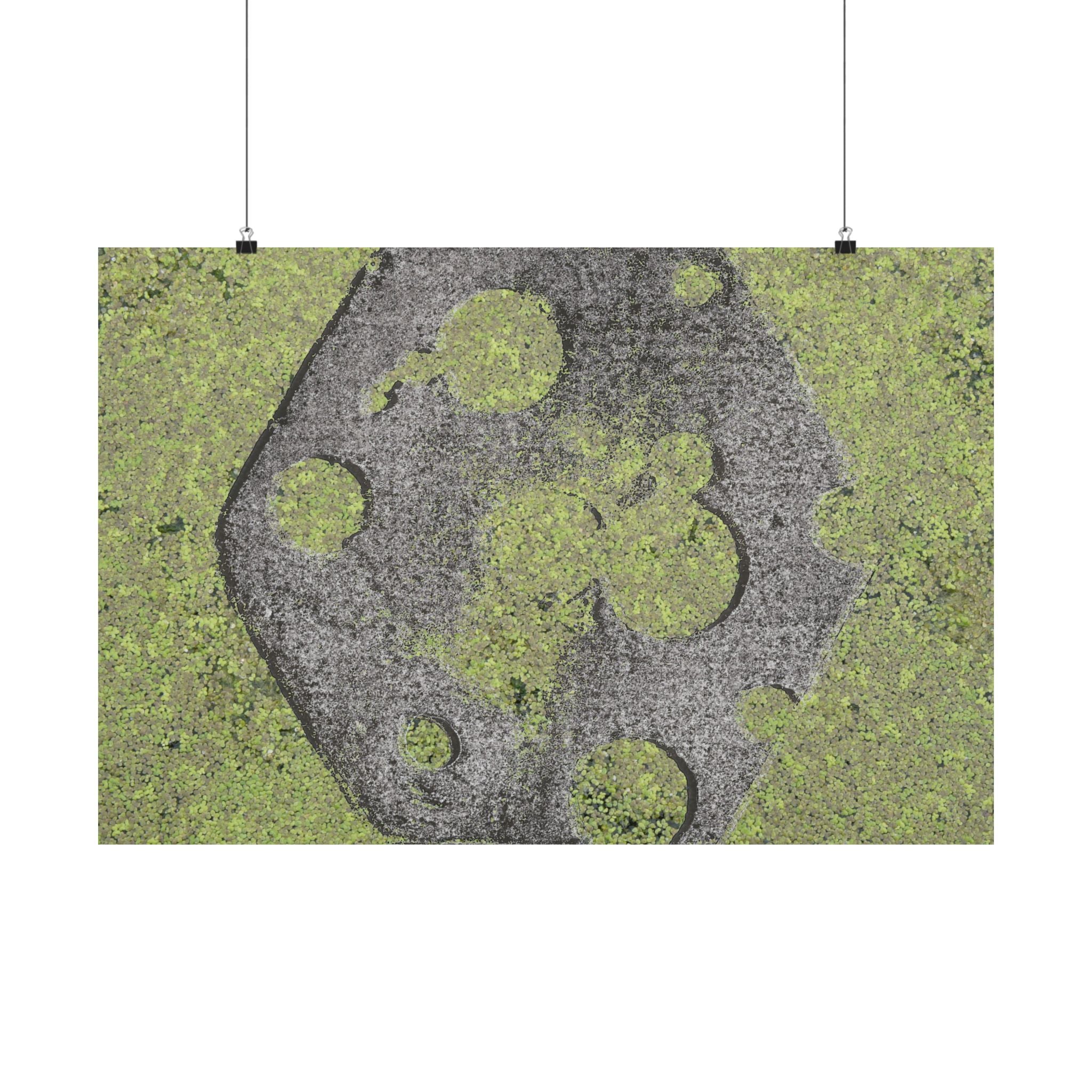Matte horizontale poster met mosbegroeide maankrater — Botanisch groene maanwanddecoratie 
