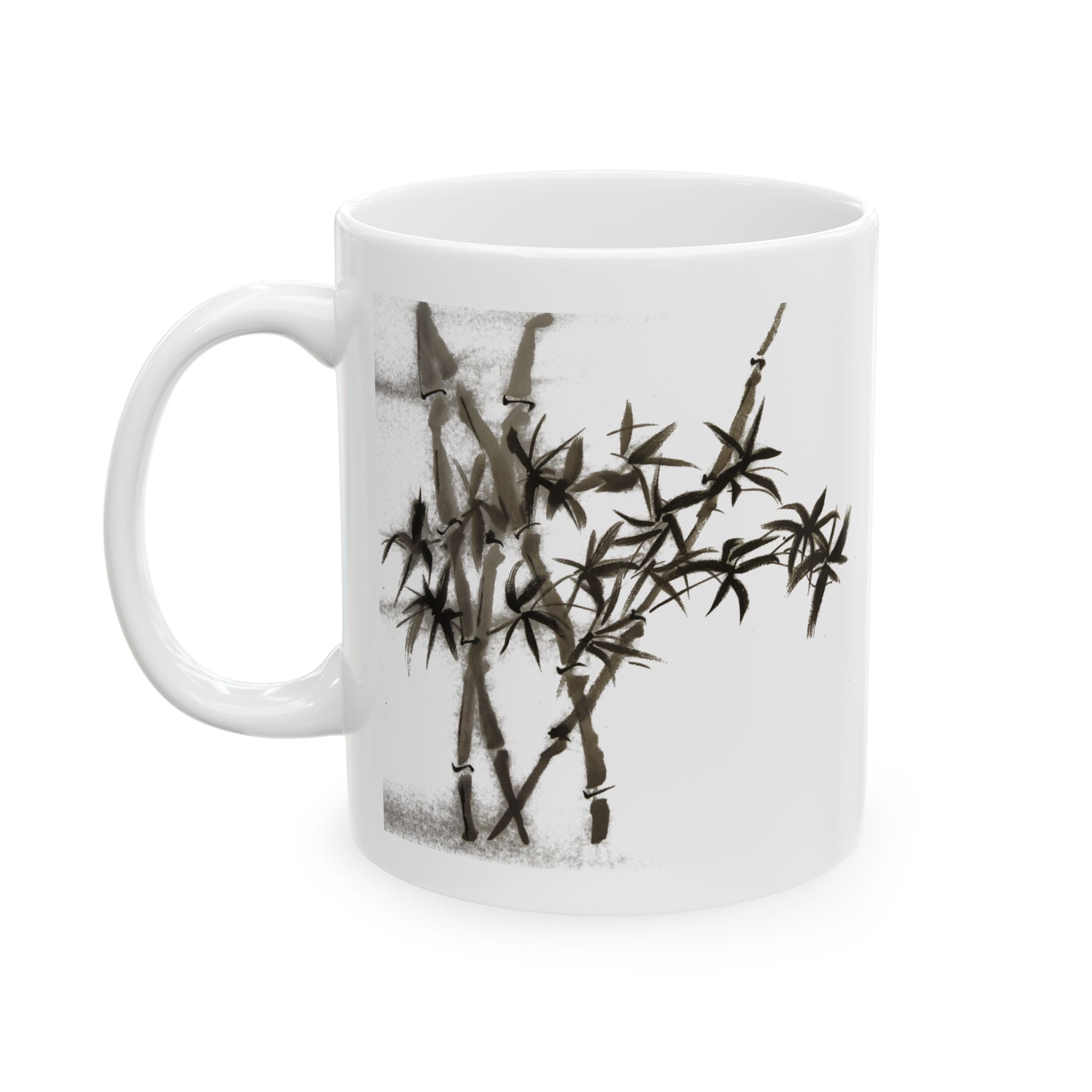 Keramische mok met bamboe-inktmotief — Minimalistische koffiemok met Aziatische penseelschildering (325 ml/445 ml) 