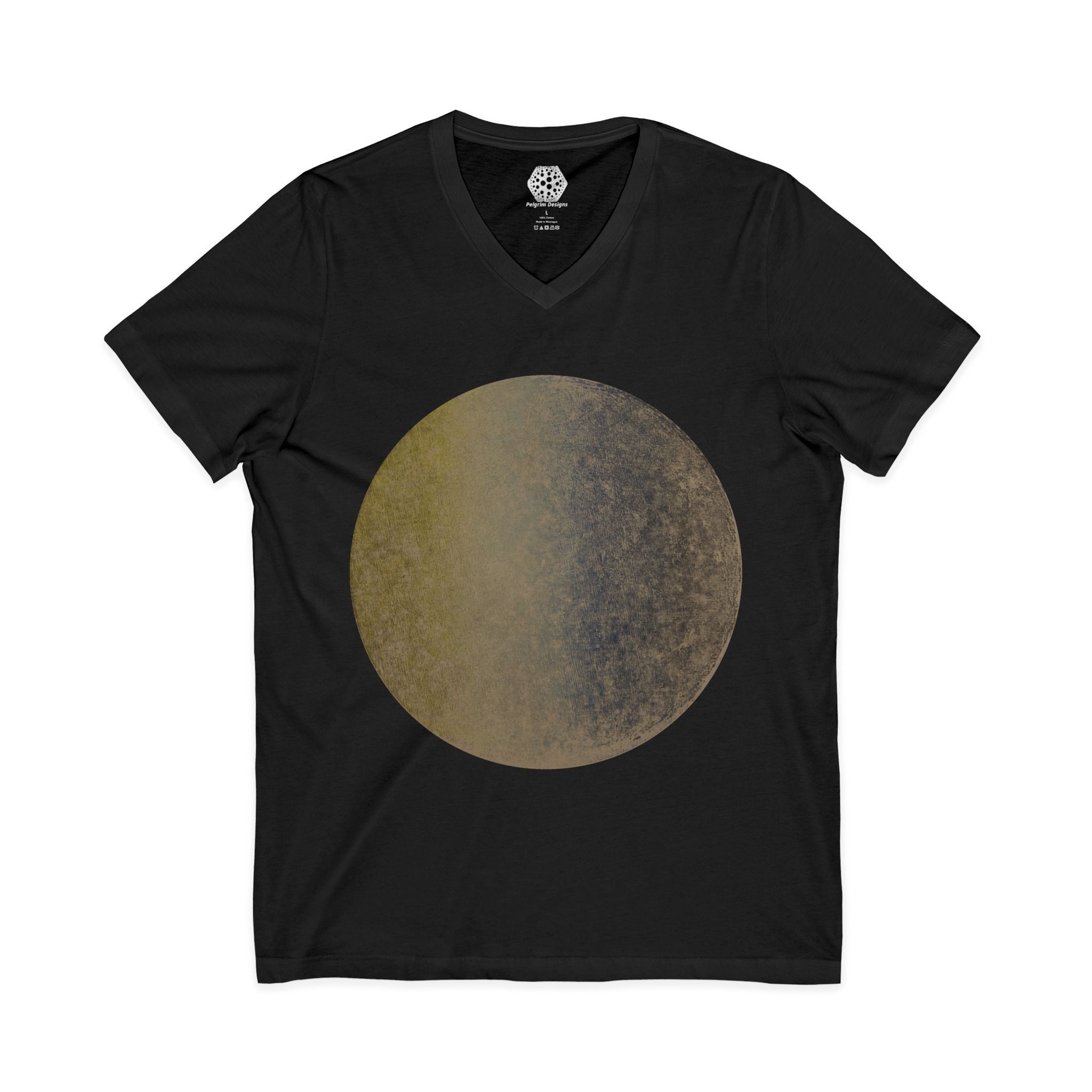Gold Textured Moon V-Neck Tee — Celestial Minimalist Graphic Shirt