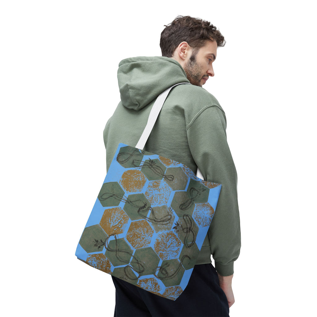 Hexagon Honeycomb Tote Bag — Blue Botanical Pattern AOP