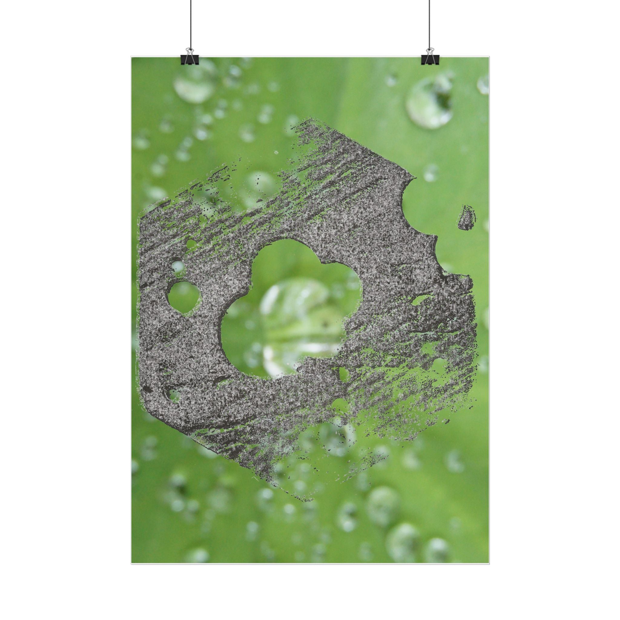 Poster met waterdruppels en bladmotief en houtstructuur | Verticale poster 