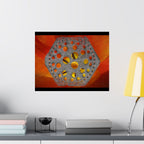 Abstracte matte poster met zeshoekig gatenpatroon | Oranje bloemenachtergrond 