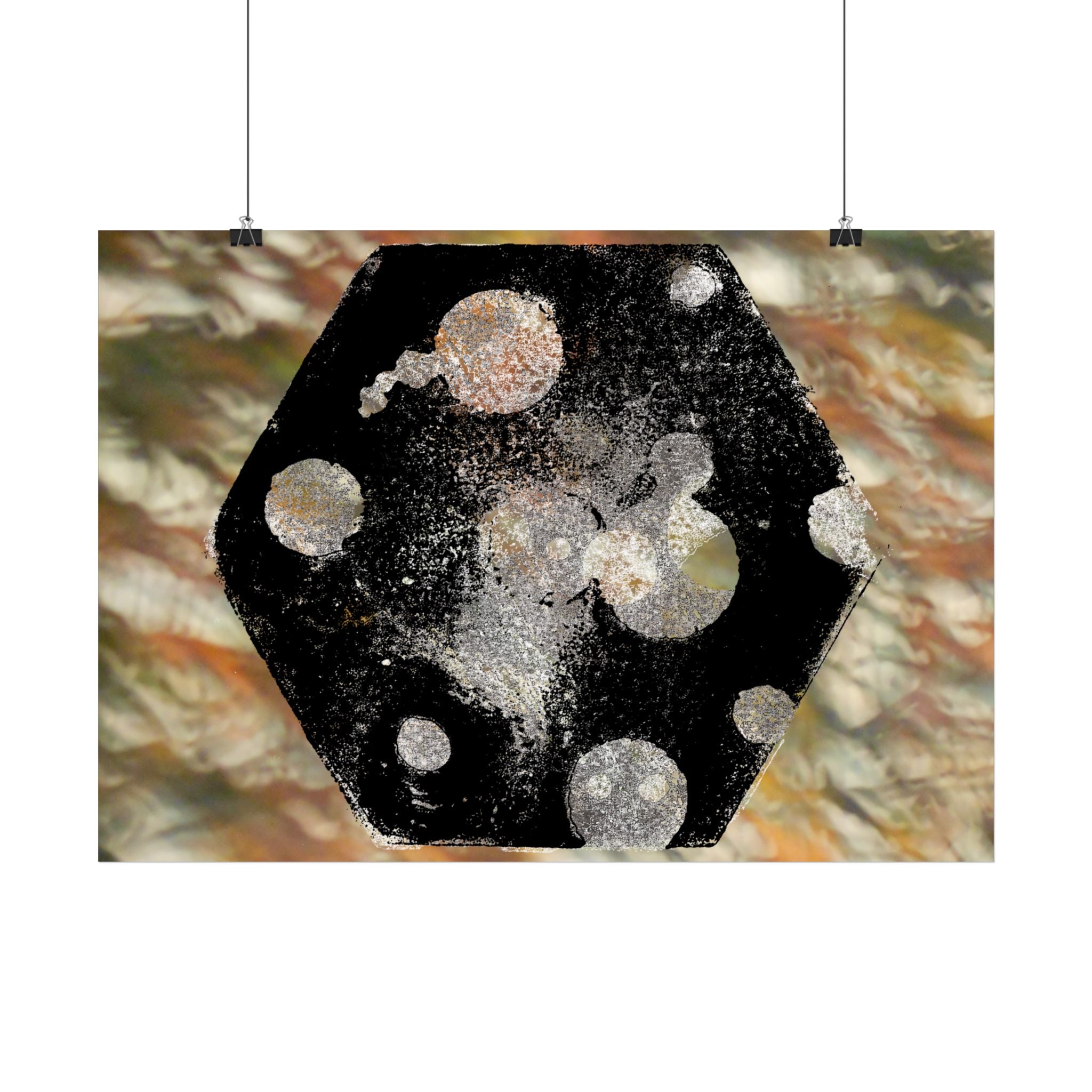 Abstracte kosmische zeshoek matte poster — Planetaire stippen muurdecoratie 