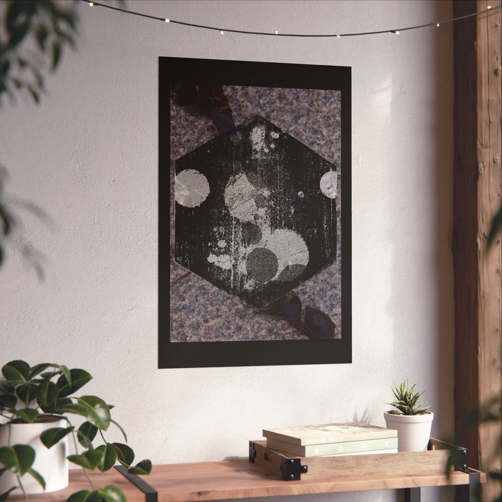 Abstract Hexagon Art Poster — Grunge Black & Gray Matte Vertical Print