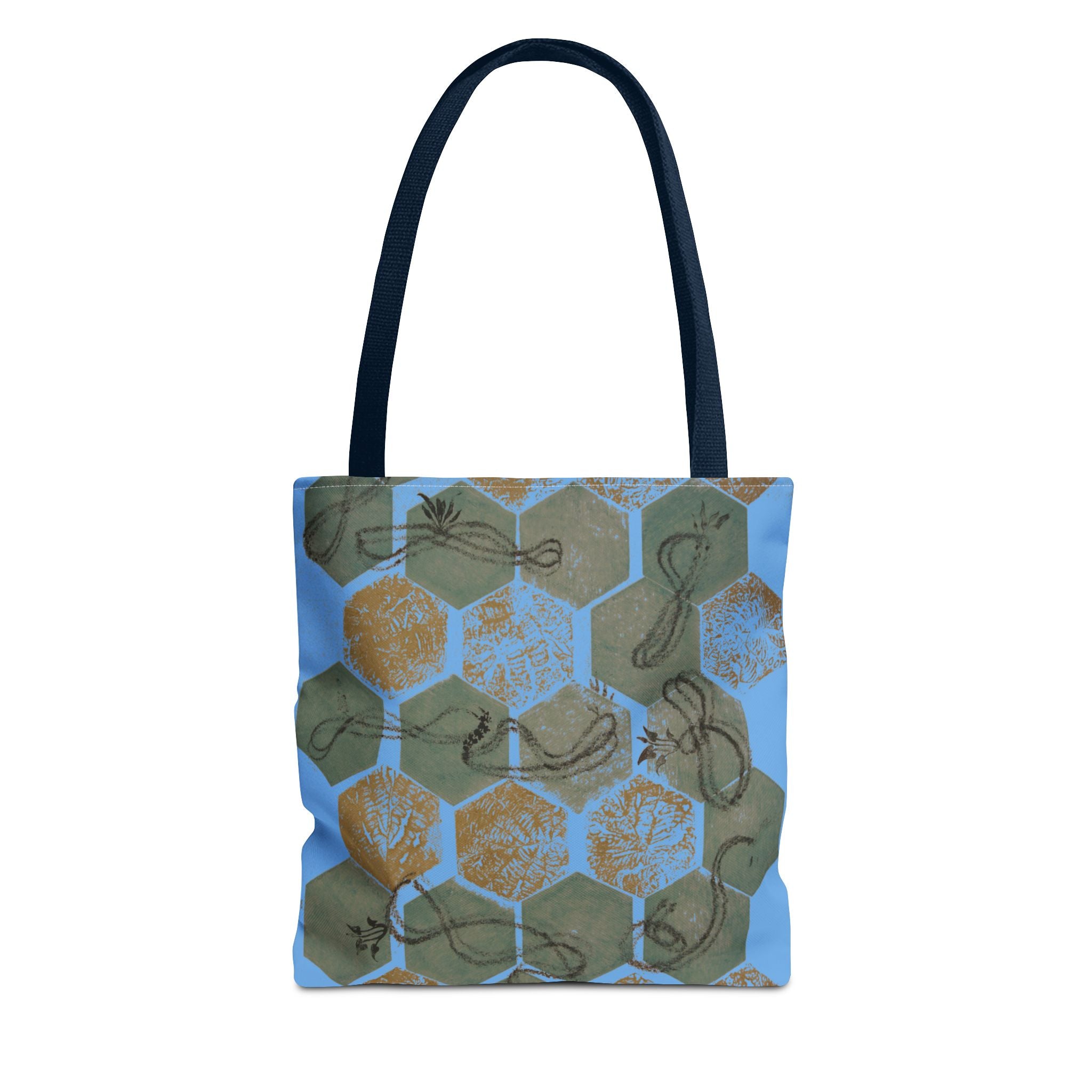 Hexagon Honeycomb Tote Bag — Blue Botanical Pattern AOP