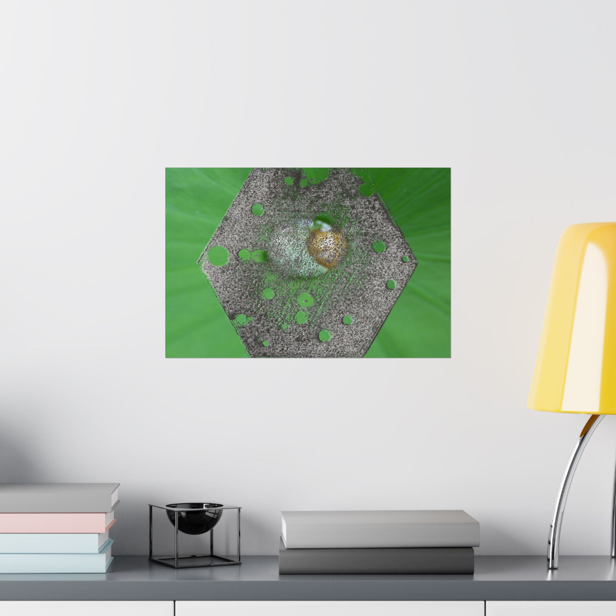 Abstracte zeshoekige metalen textuurposter | Matte horizontale poster, groene organische achtergrond 