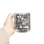 10oz Glass Mug — Black & White Abstract Hex Bubble Pattern
