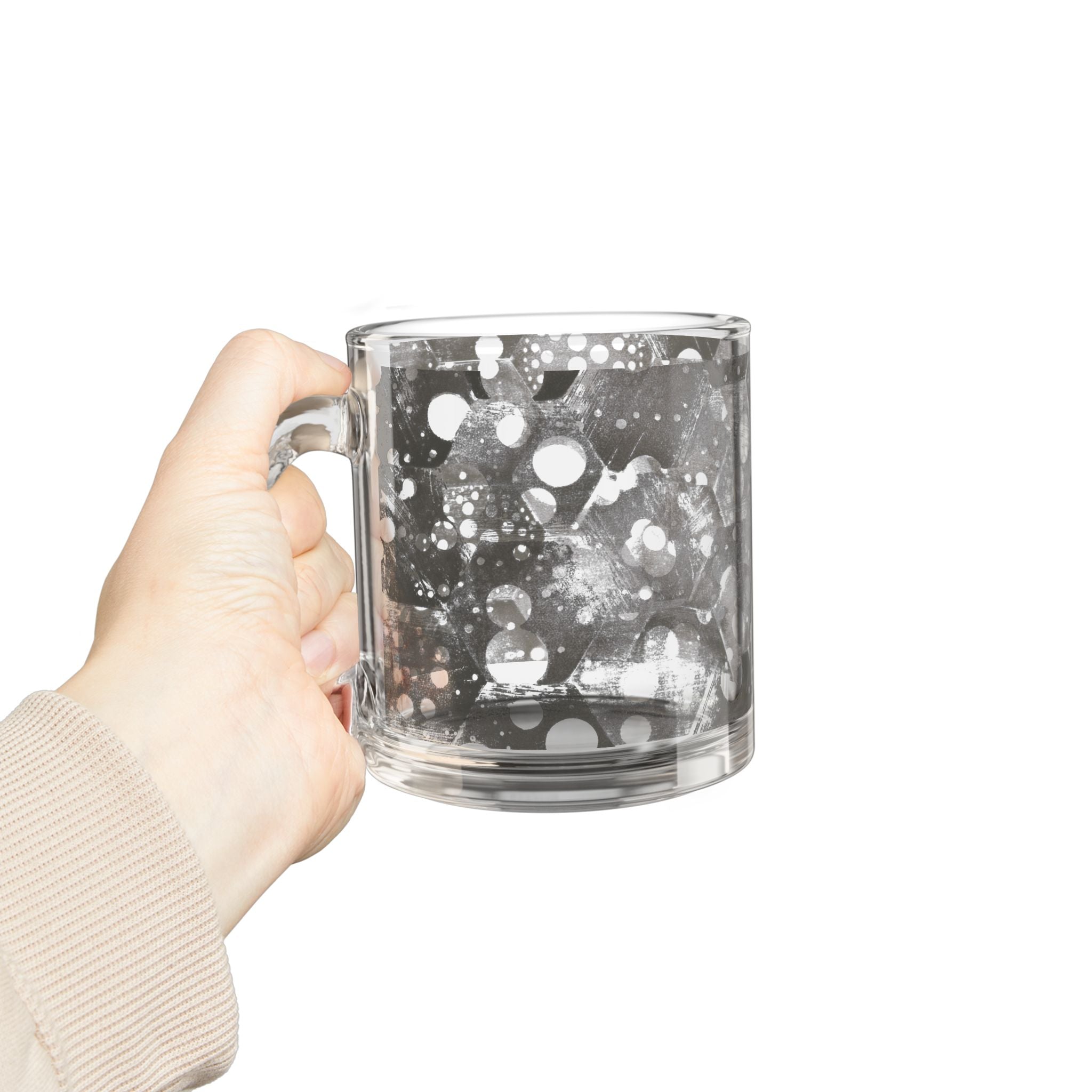 10oz Glass Mug — Black & White Abstract Hex Bubble Pattern