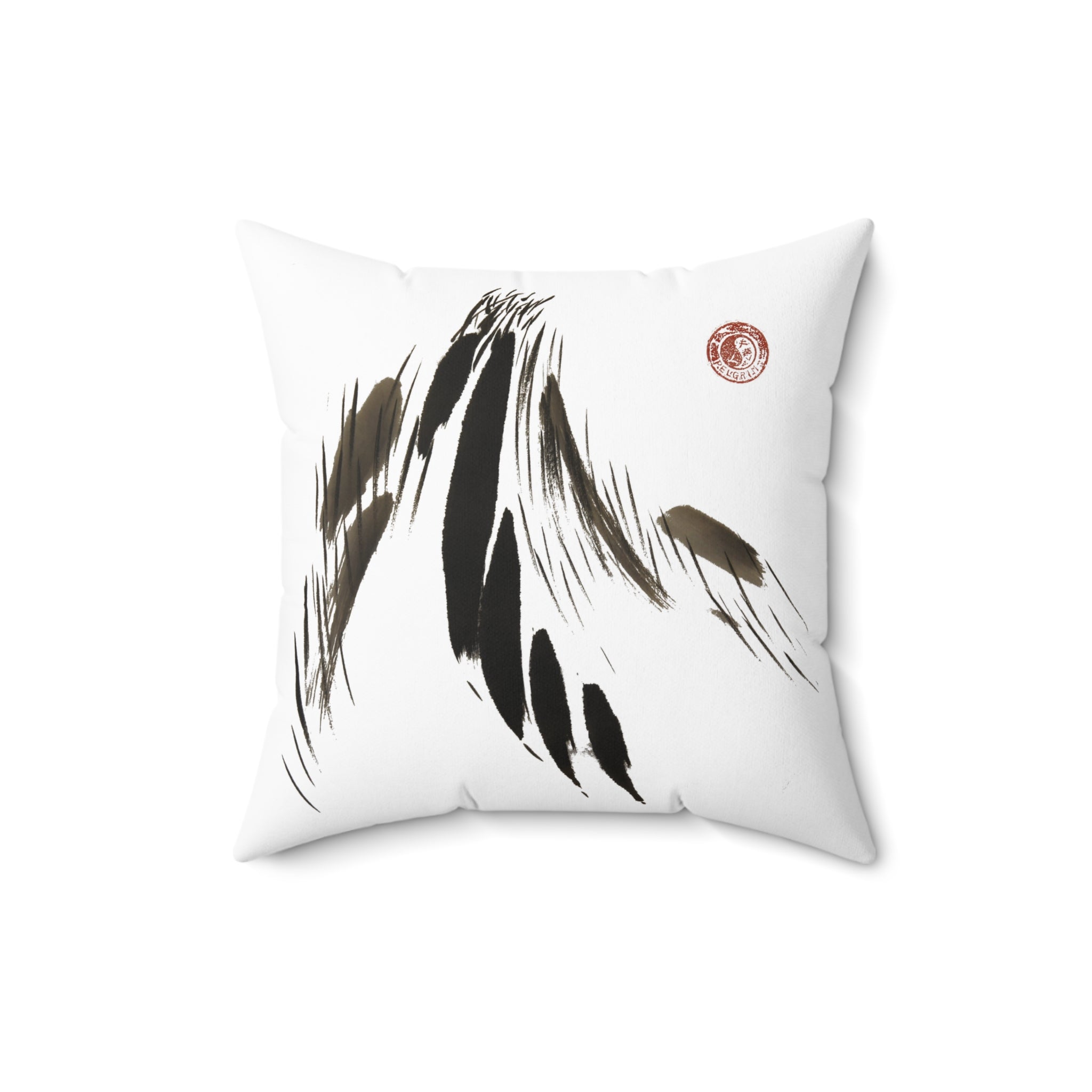 Minimalistisch decoratief kussen met inktpenseel en veren. 