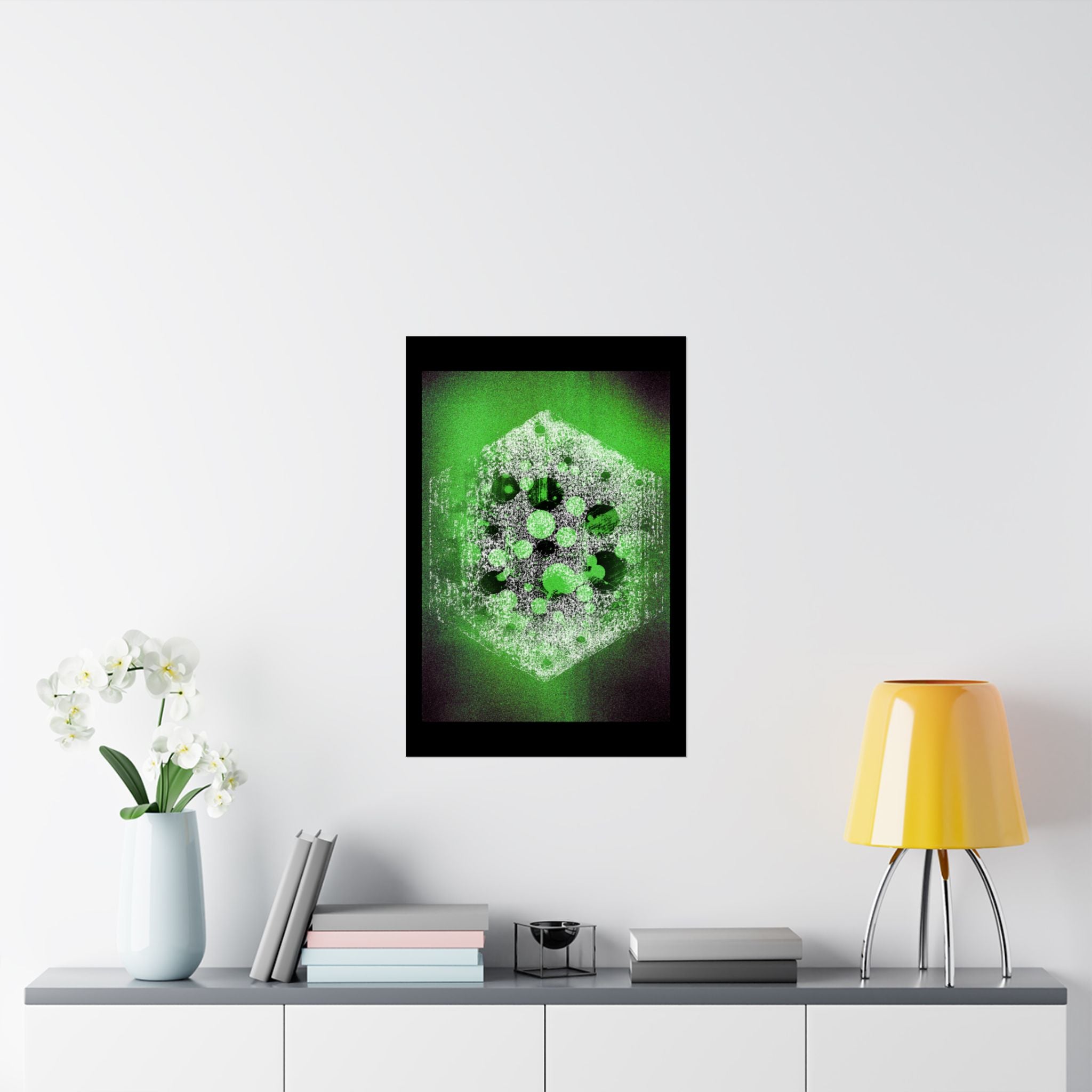 Green Hexagon Abstract Poster — Neon Geometric Art Matte Vertical Print
