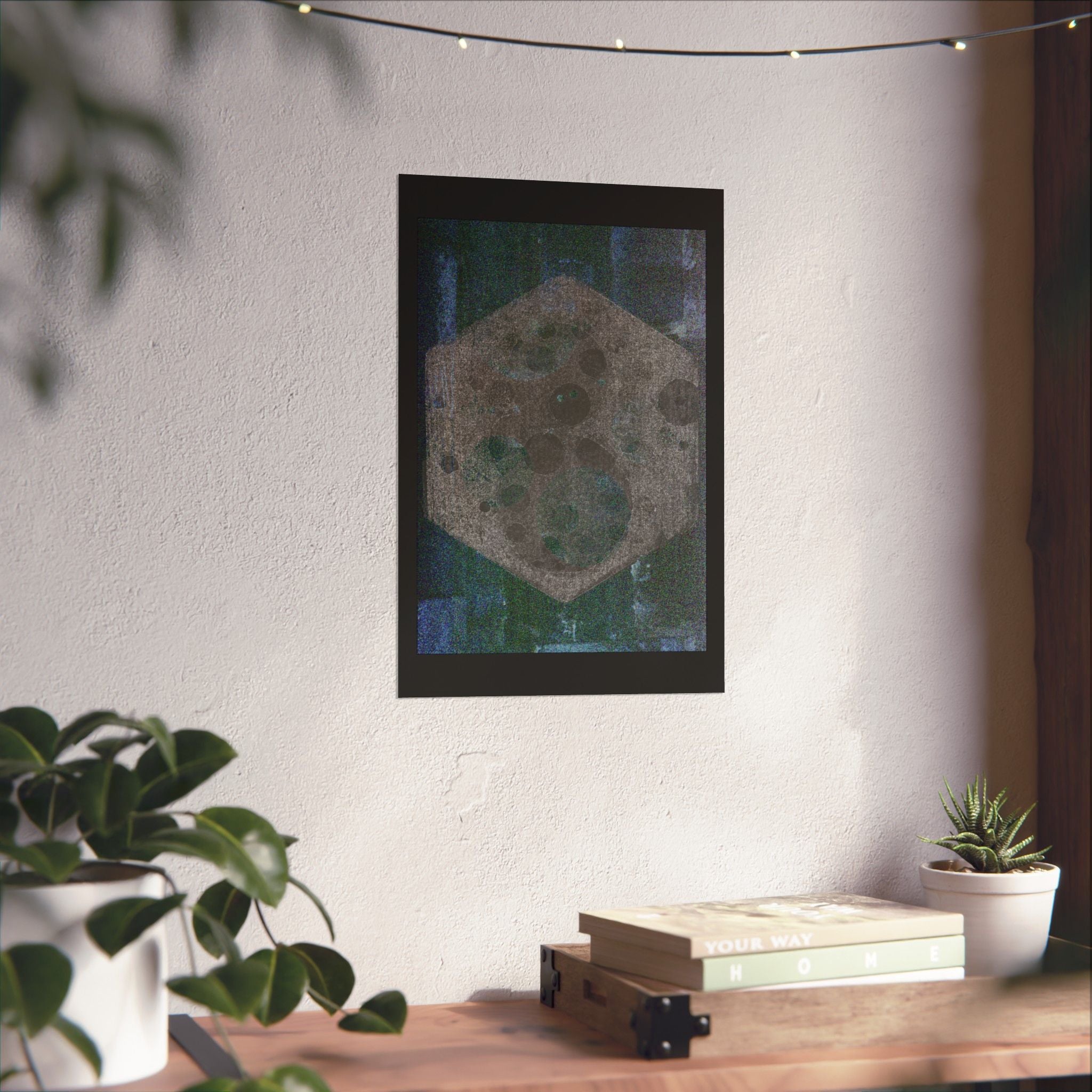 Abstract Hexagon Moon Matte Poster — Moody Blue-Green Wall Art