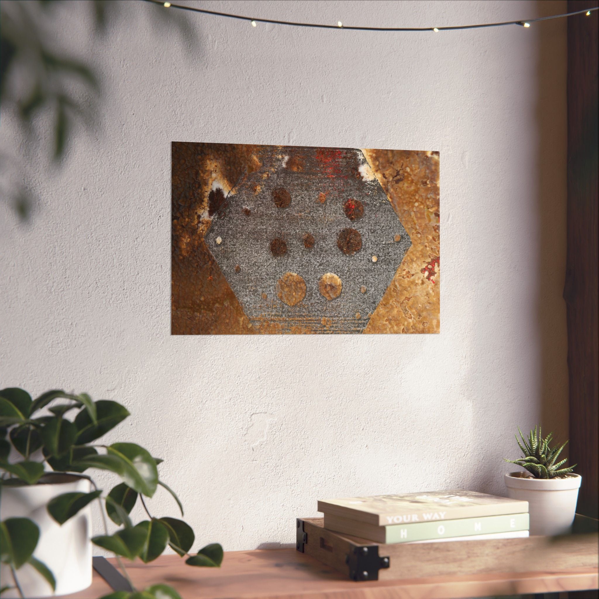 Abstract Rust Hexagon Matte Horizontal Poster — Industrial Wall Art for Home, Office & Loft Décor