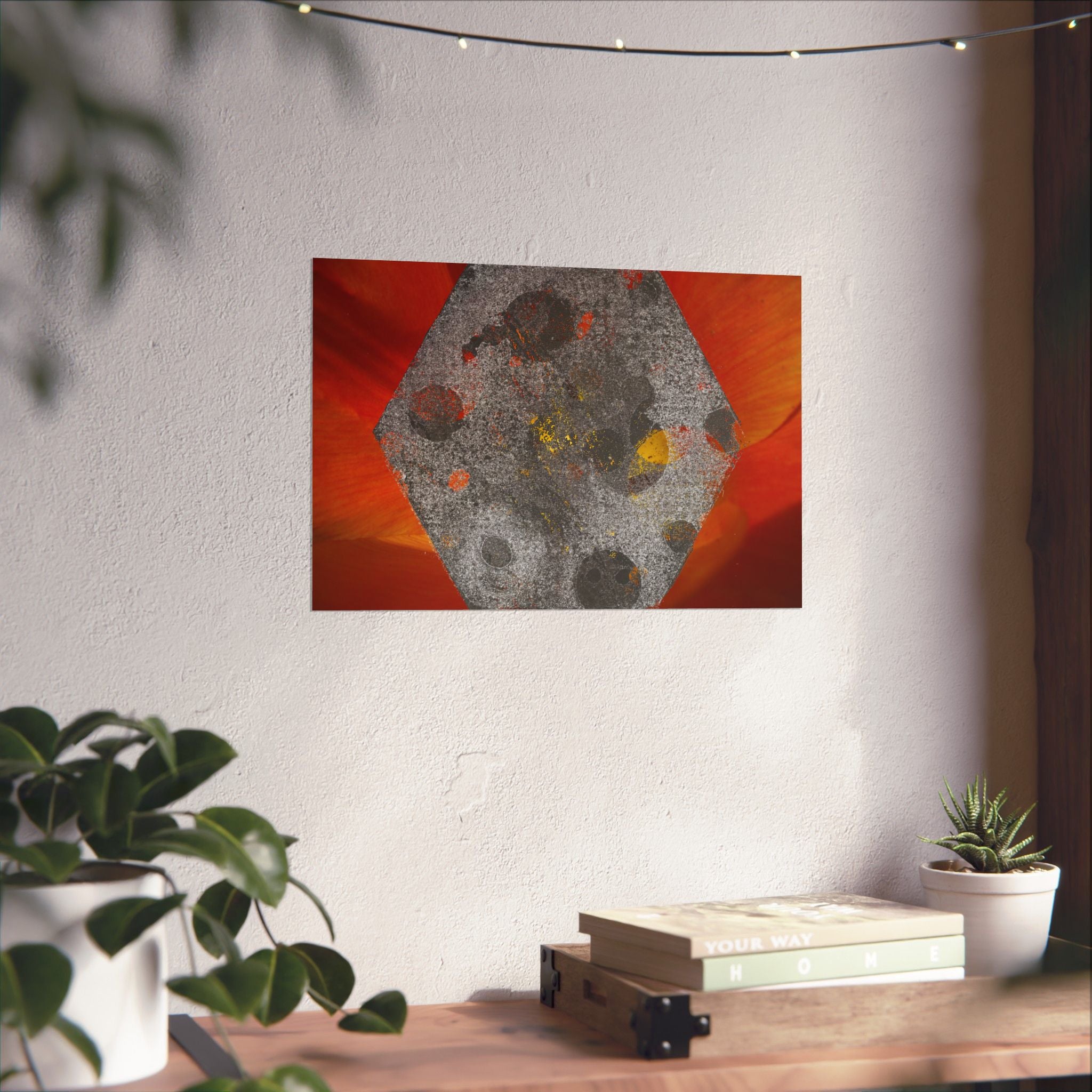 Abstract Hexagon Art Poster — Red Orange Matte Horizontal Print
