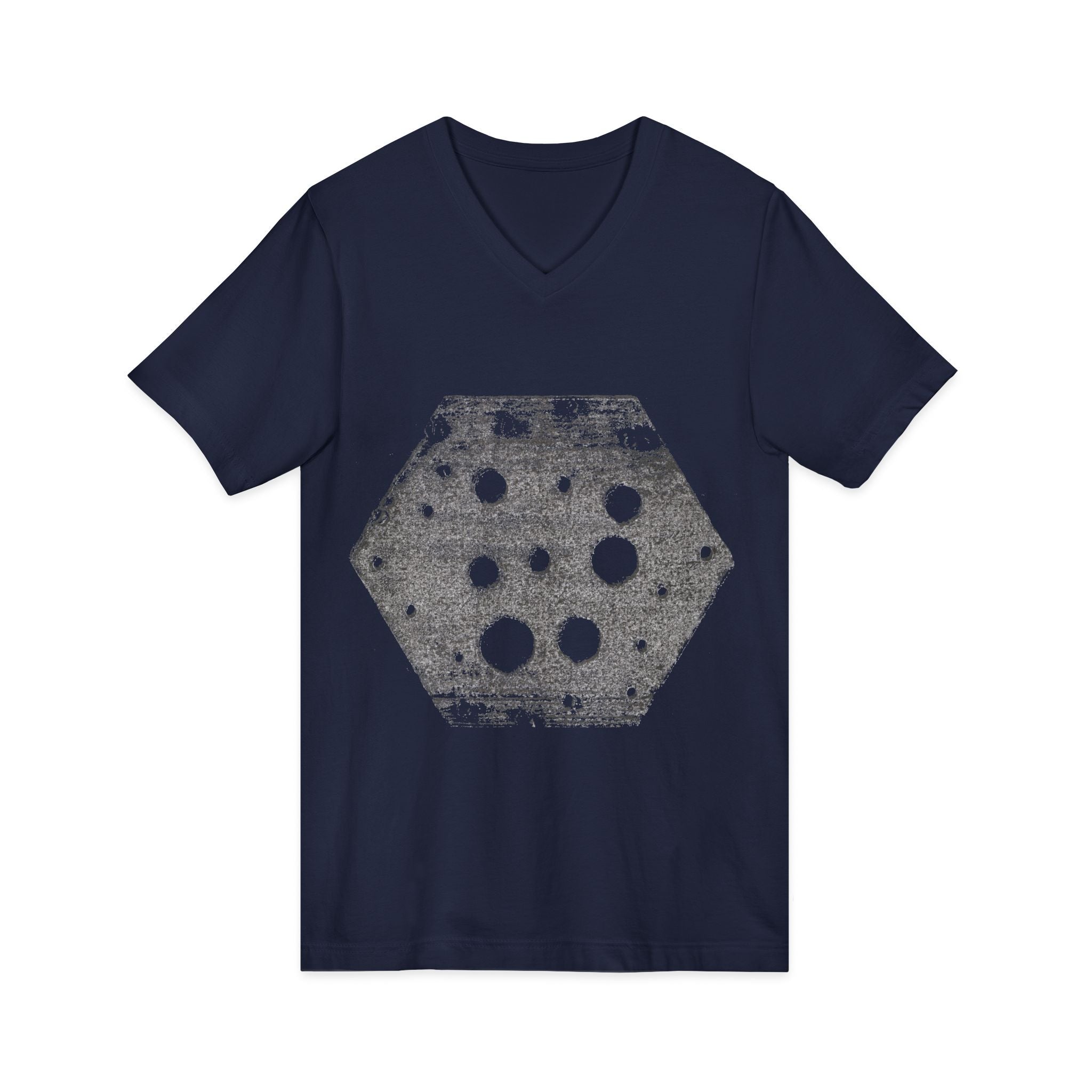 Hex Moon Graphic Tee Design Hex11 — Een vintage T-shirt met V-hals en een verweerde Space Cheese-look, geïnspireerd op astronomie.