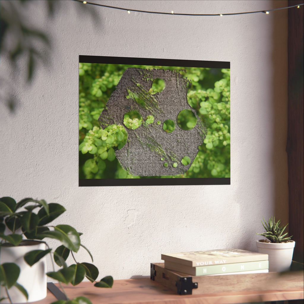 Abstracte poster met groen mos en verweerd metaal (mat) — Botanische natuur muurdecoratie (horizontaal) 