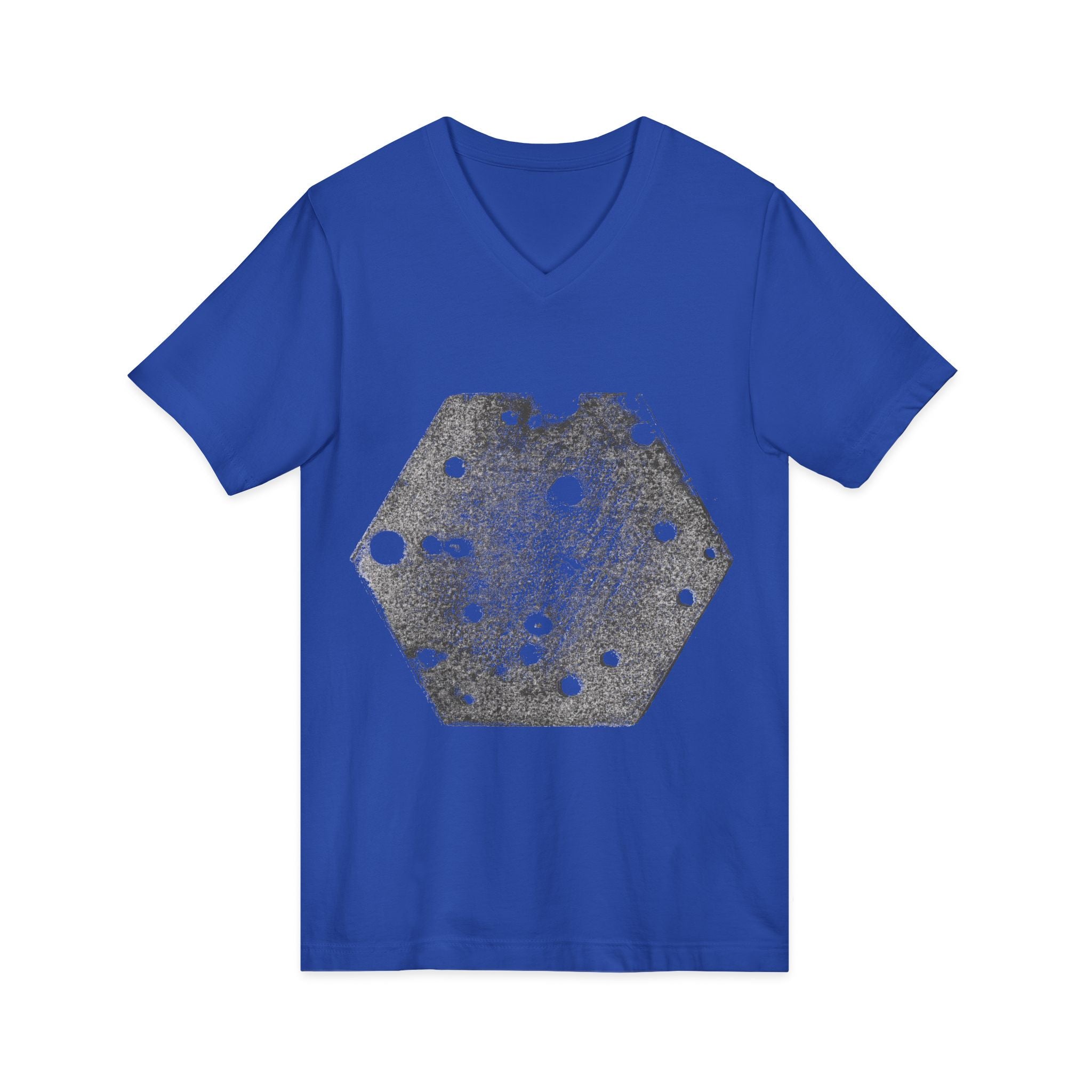 Hex Moon Graphic Tee Design Hex05 — Een vintage T-shirt met V-hals en ruimtekaasmotief, geïnspireerd op astronomie.