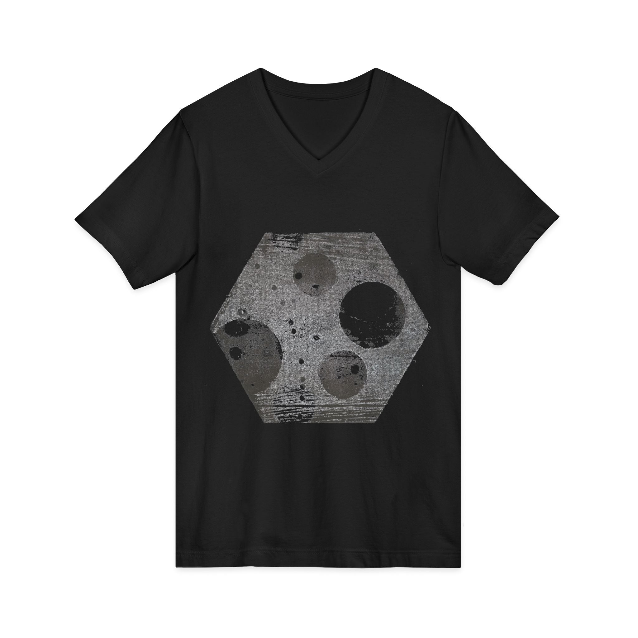 Hex Moon Graphic Tee Design Hex15 — Een vintage T-shirt met V-hals en ruimtekaasmotief, geïnspireerd op astronomie.