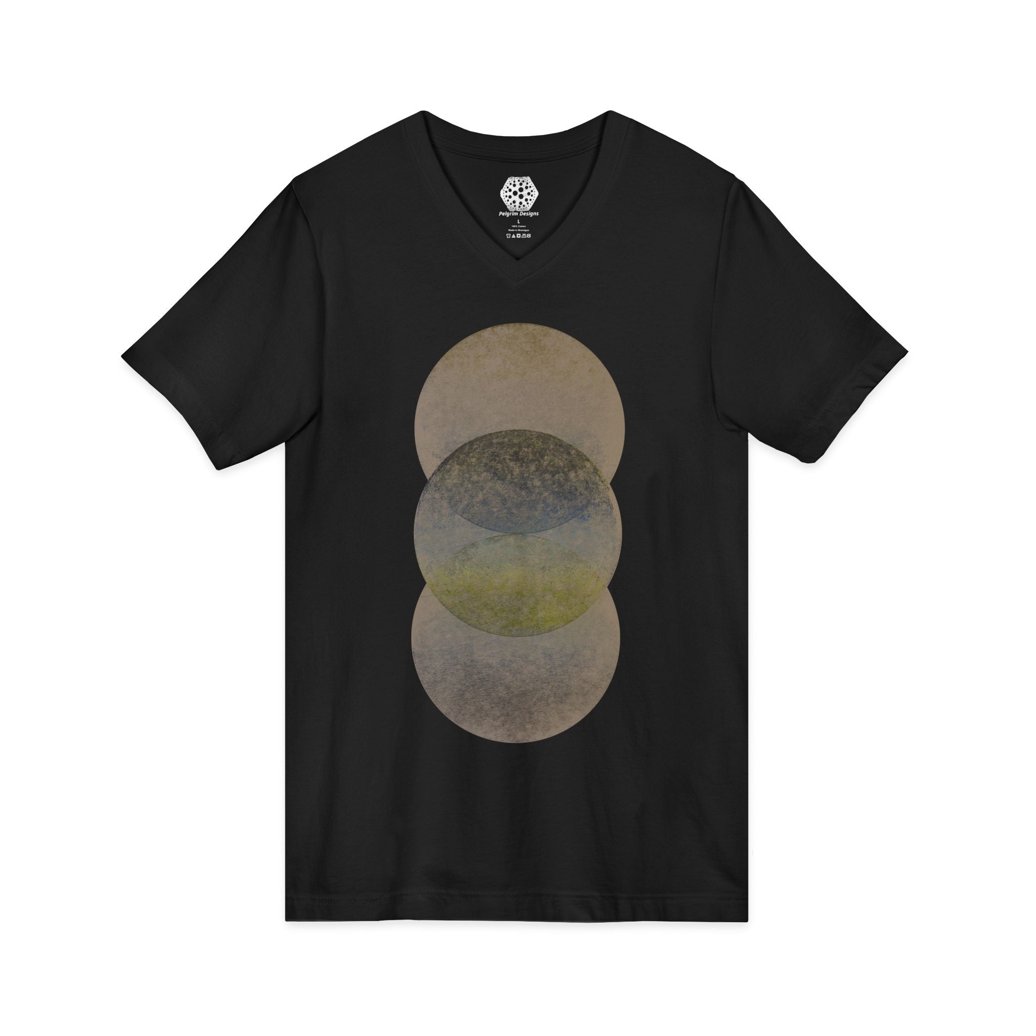 Geometric Moon Phase V-Neck Tee — Minimalist Overlap Circle Design