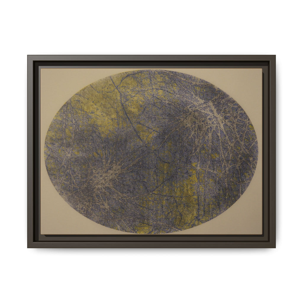 Abstracte bol, matte canvas, ingelijst kunstwerk — Blauw & goudkleurige textuur muurprint - nr. 39 