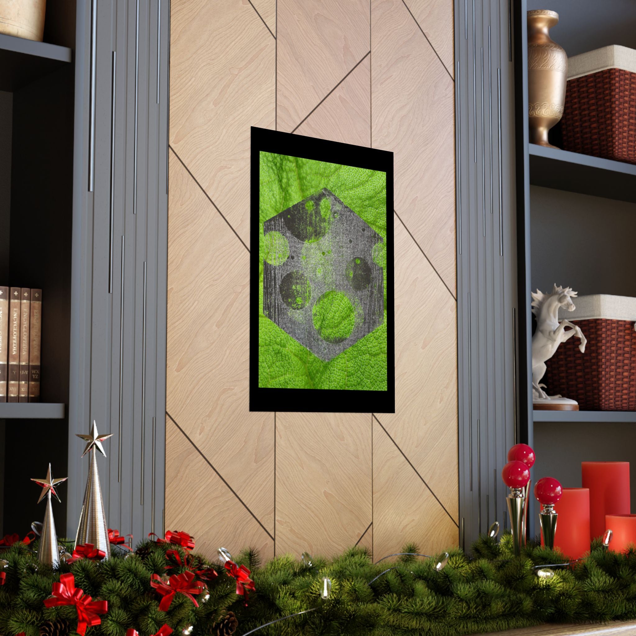 Geometric Moon Hex Poster — Grunge Green Matte Vertical Art Print