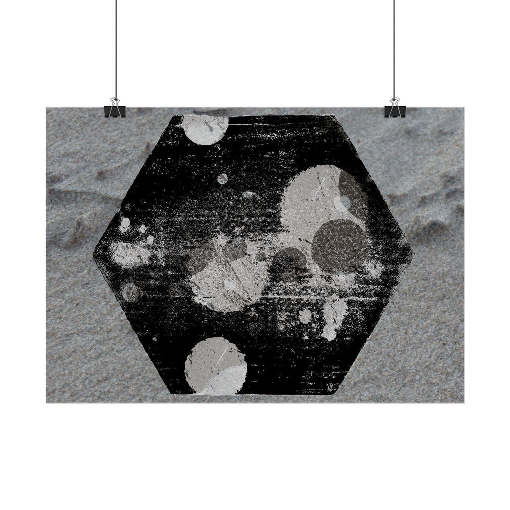 Horizontal Poster — Grunge Hexagon Moonprint (Black & Gray Abstract)