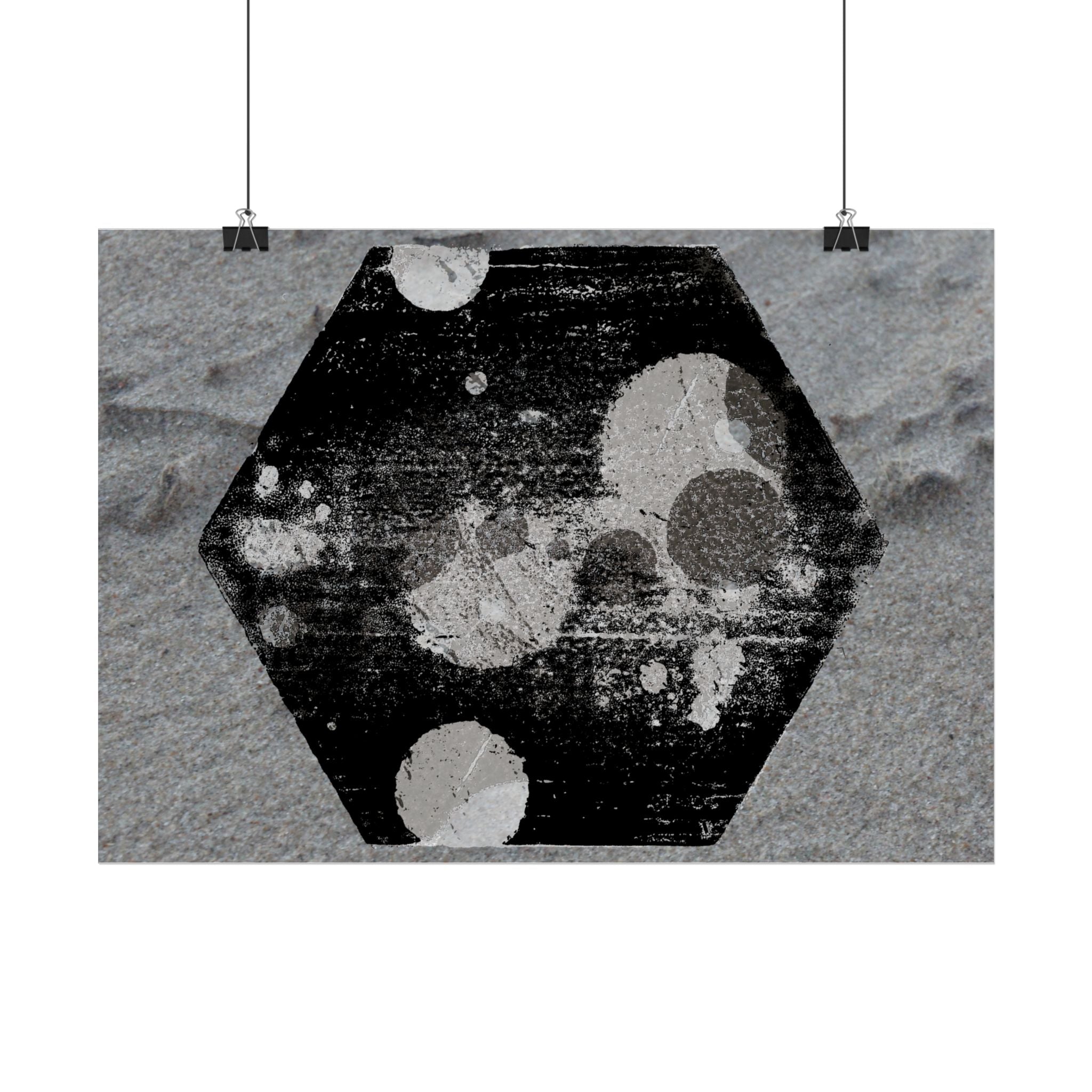 Horizontal Poster — Grunge Hexagon Moonprint (Black & Gray Abstract)