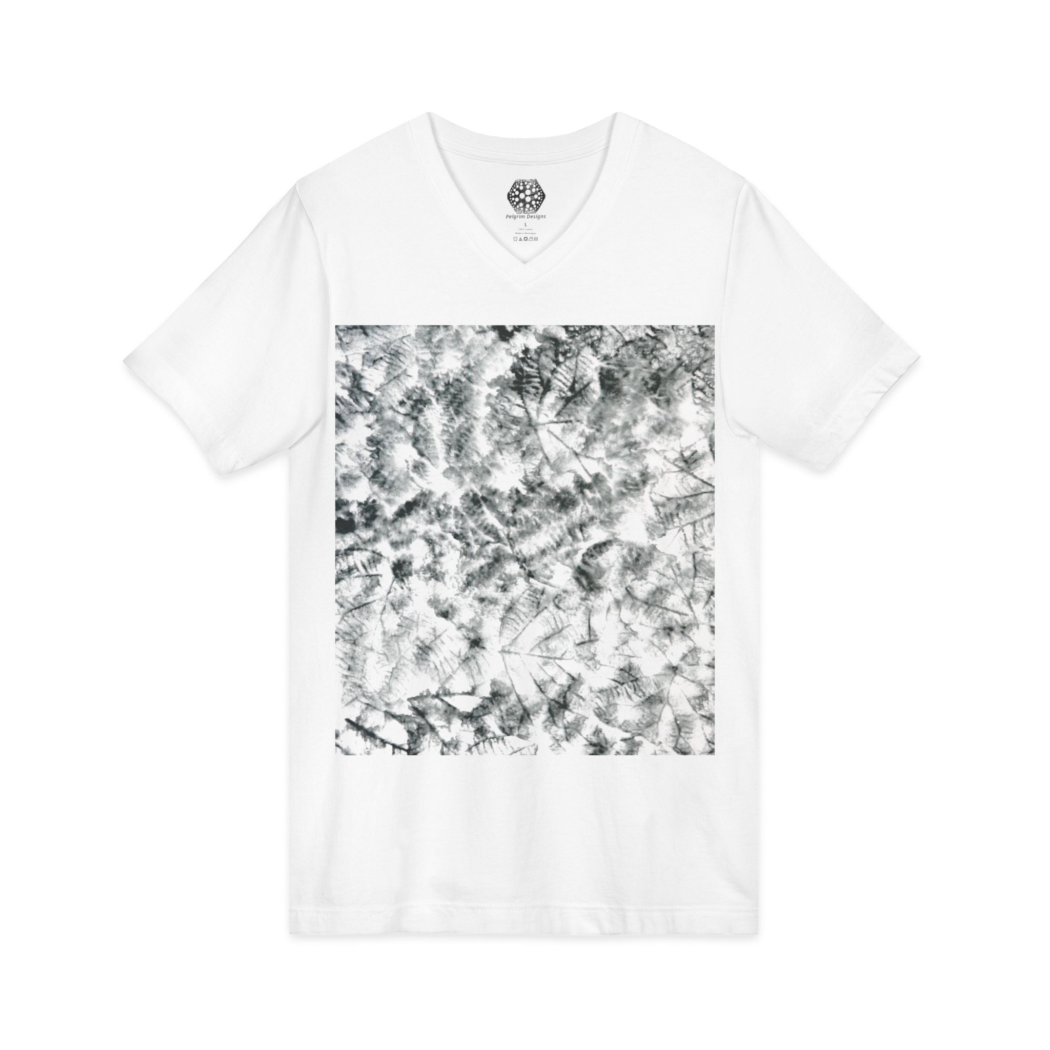 Abstract Black & White Tie-Dye V-Neck Tee — Minimalist Art Square Design