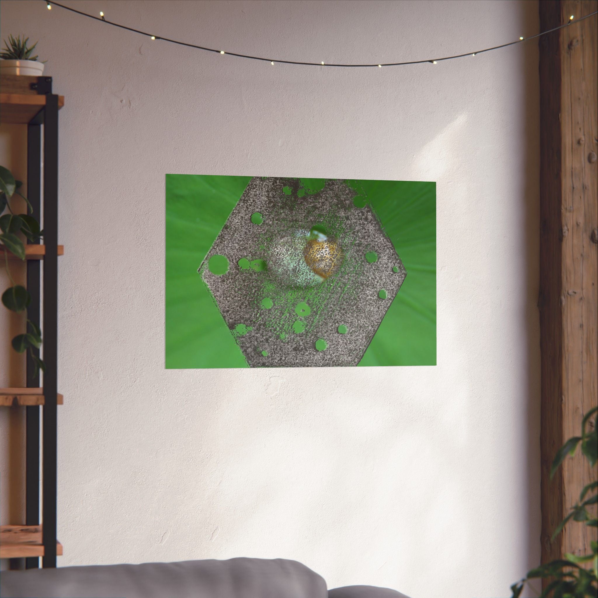 Abstracte zeshoekige metalen textuurposter | Matte horizontale poster, groene organische achtergrond 