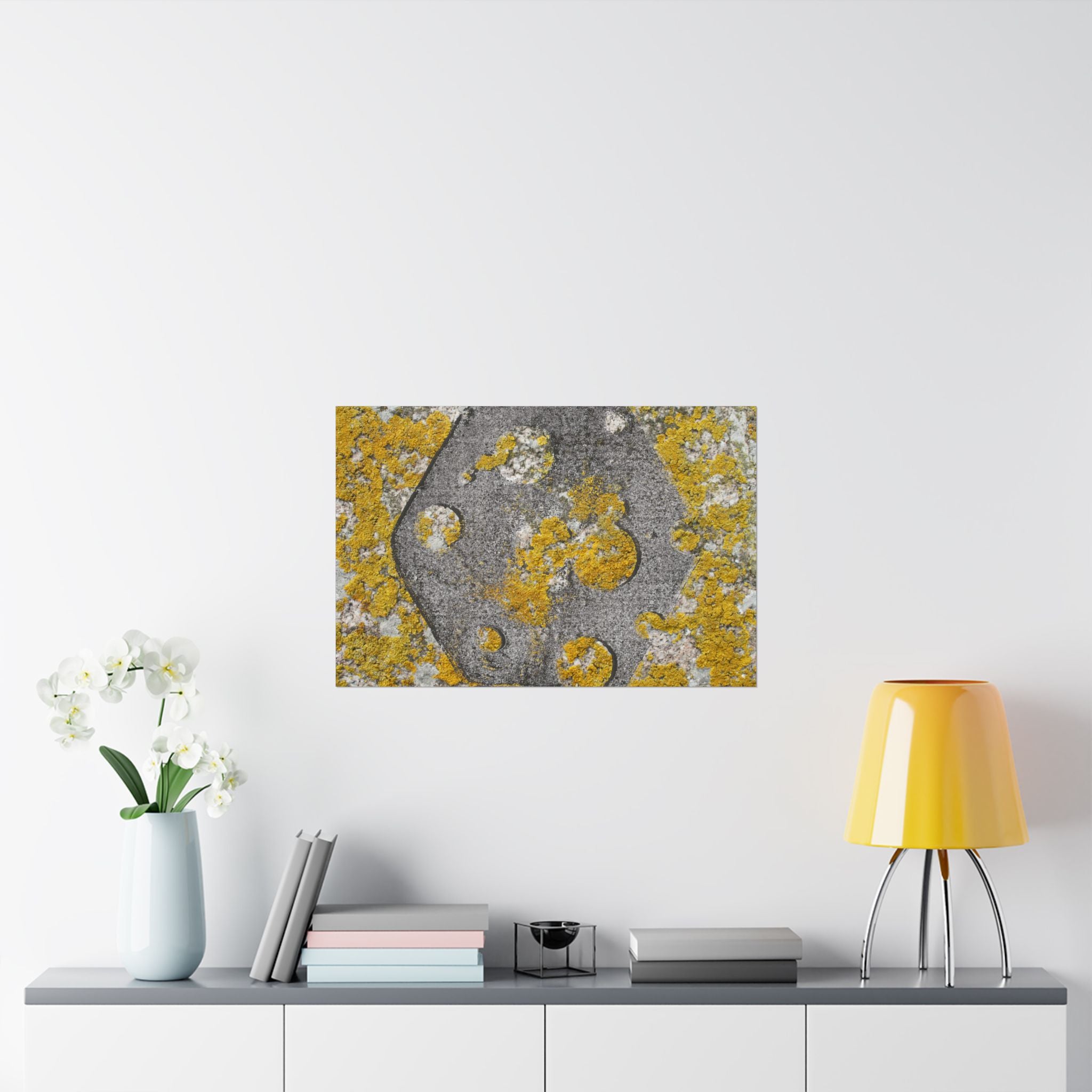 Abstracte poster met korstmosstructuur en matte afwerking — Geel &amp; Grijs Botanische Muurdecoratie 