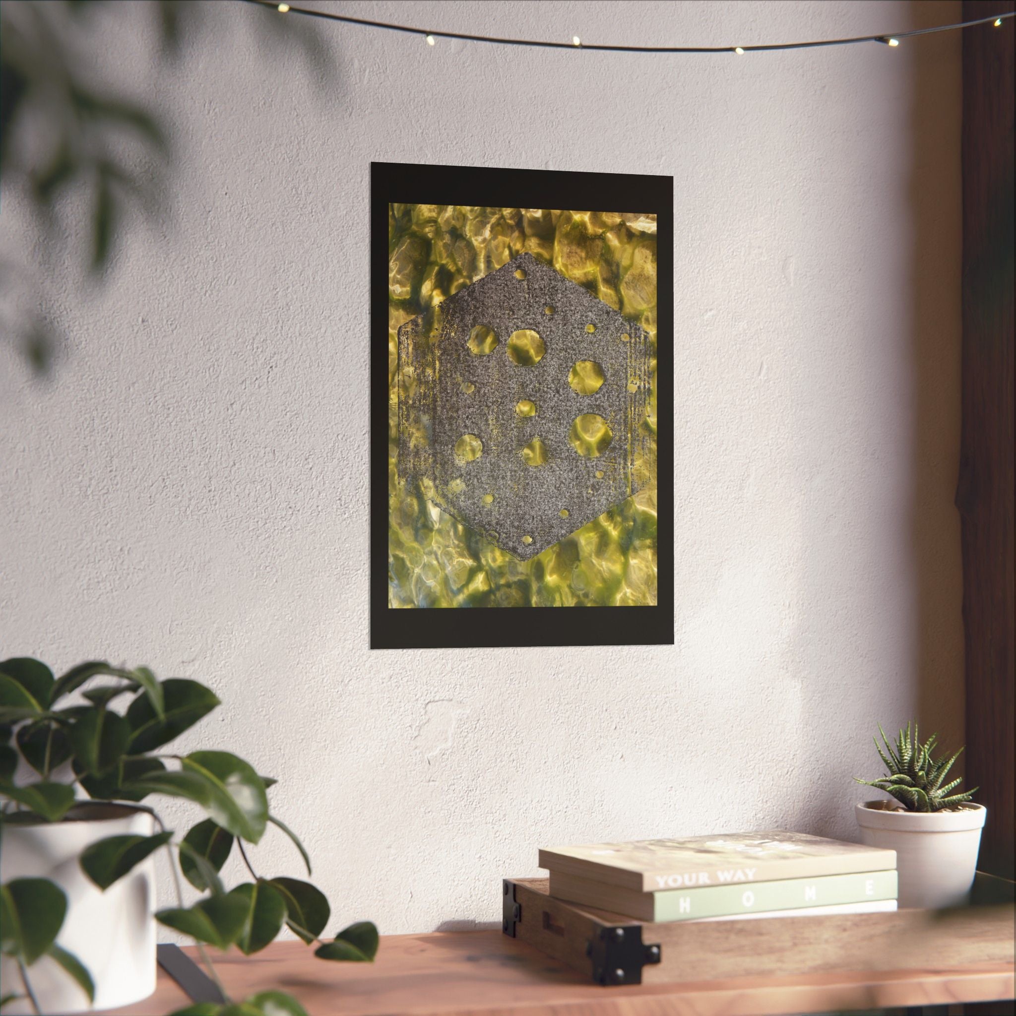 Abstract Hex Tile Poster — Gold Water Texture Matte Vertical Print