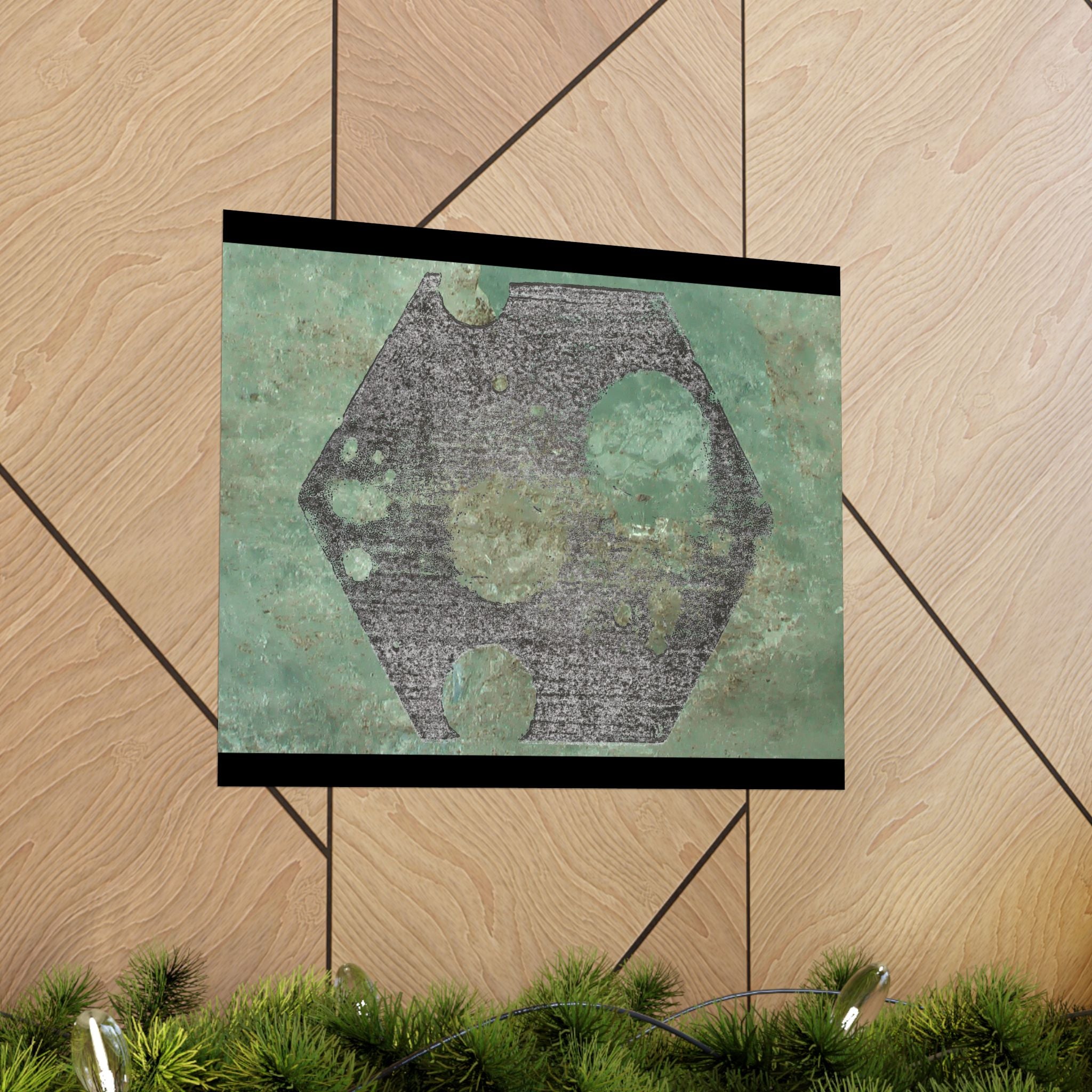 Geometric Hexagon Moon Art Matte Horizontal Poster | Green Abstract Celestial Print