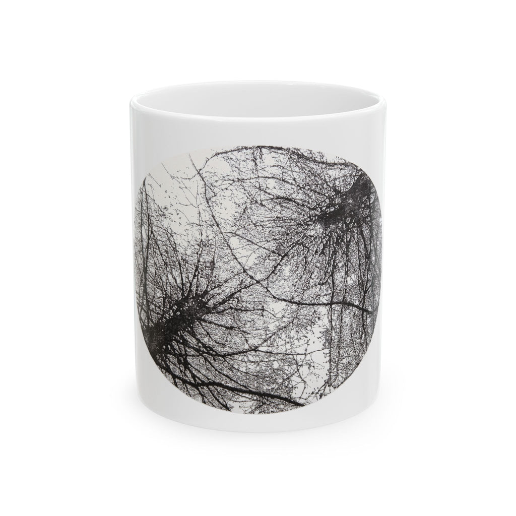 Zwarte keramische mok met boomsilhouet — Minimalistische koffiekop met bosmotief 