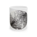 Zwarte keramische mok met boomsilhouet — Minimalistische koffiekop met bosmotief 