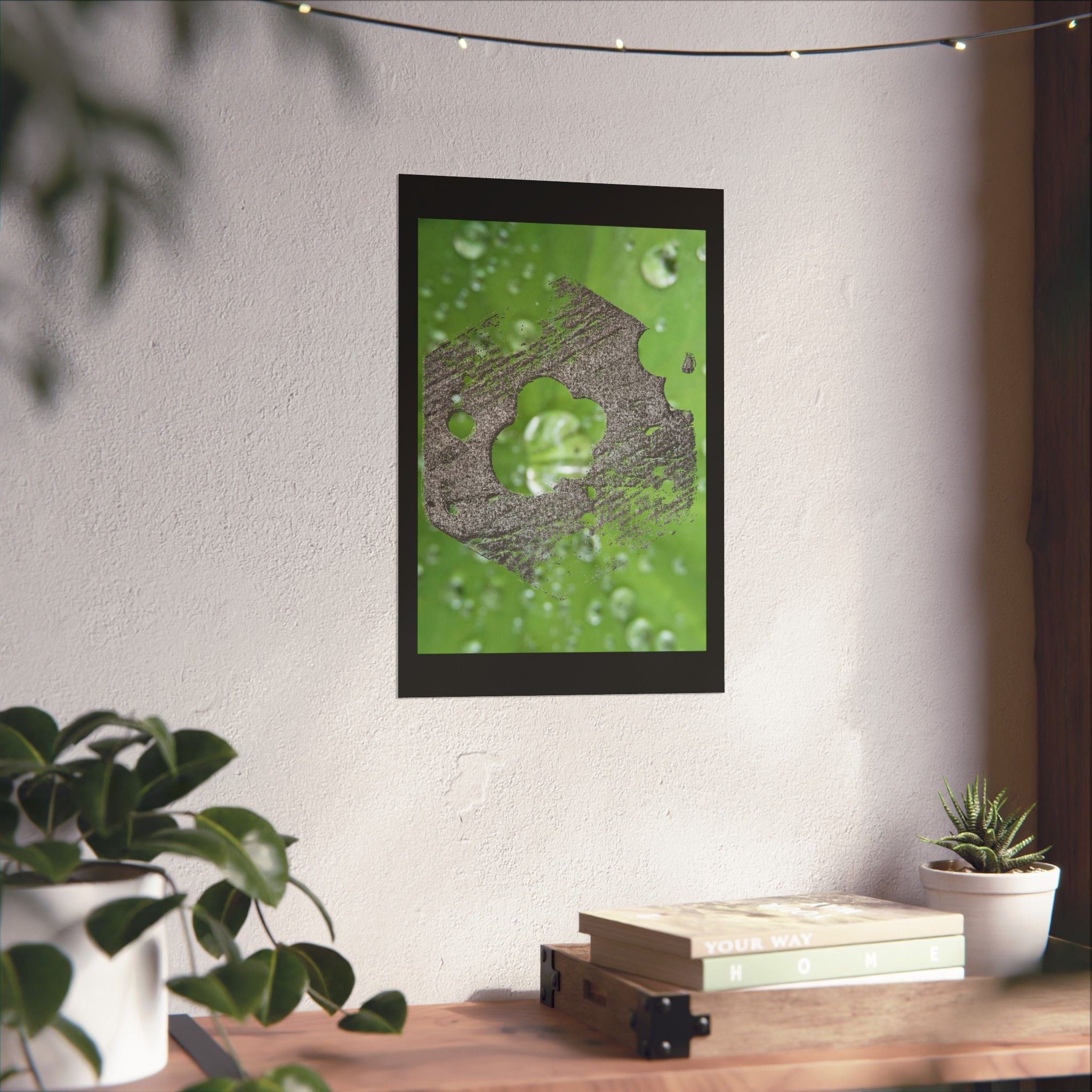 Water Droplet Leaf with Wood Texture Poster | Matte Vertical Poster