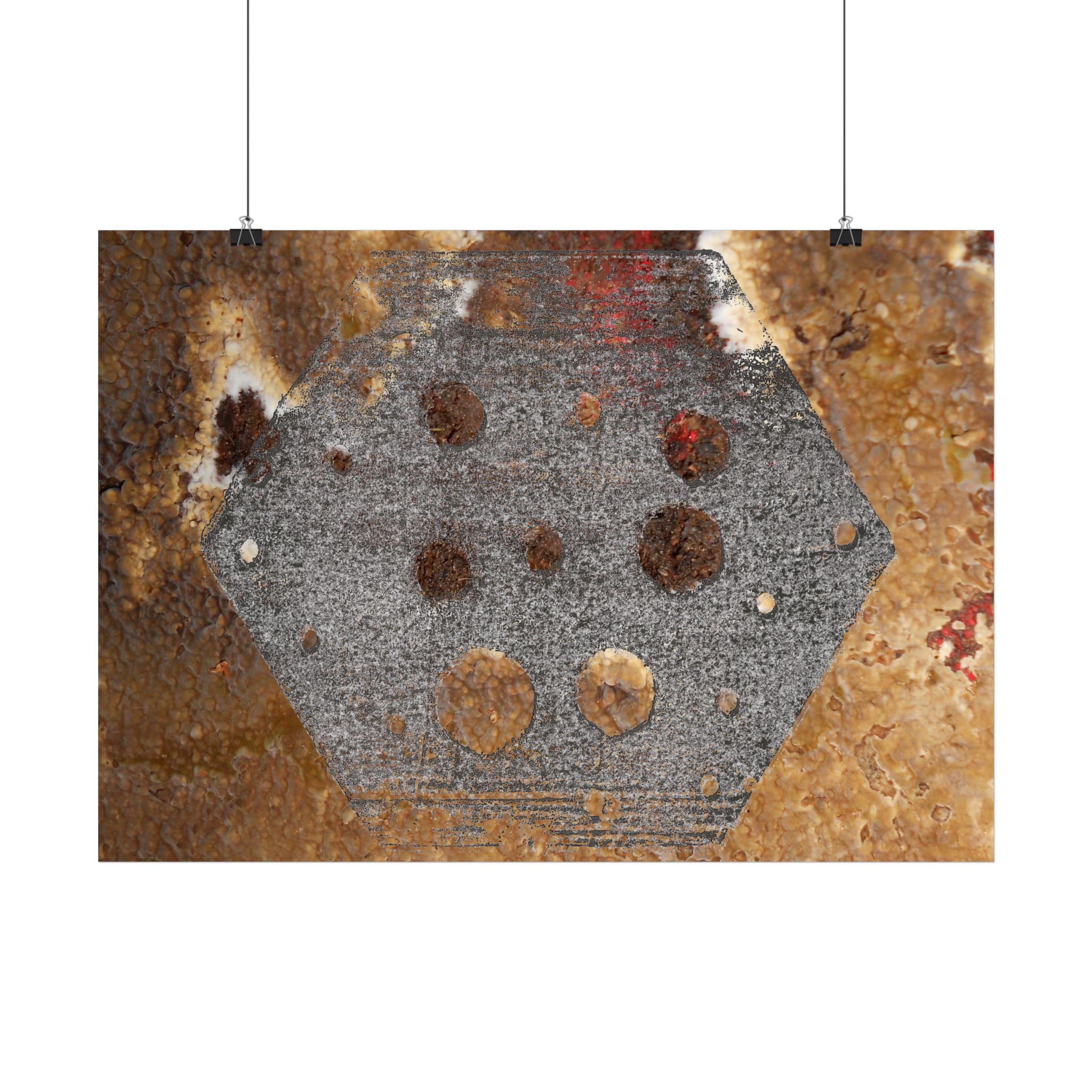 Abstracte roestkleurige zeshoek horizontale poster — Industriële wanddecoratie voor thuis, kantoor en loft. 