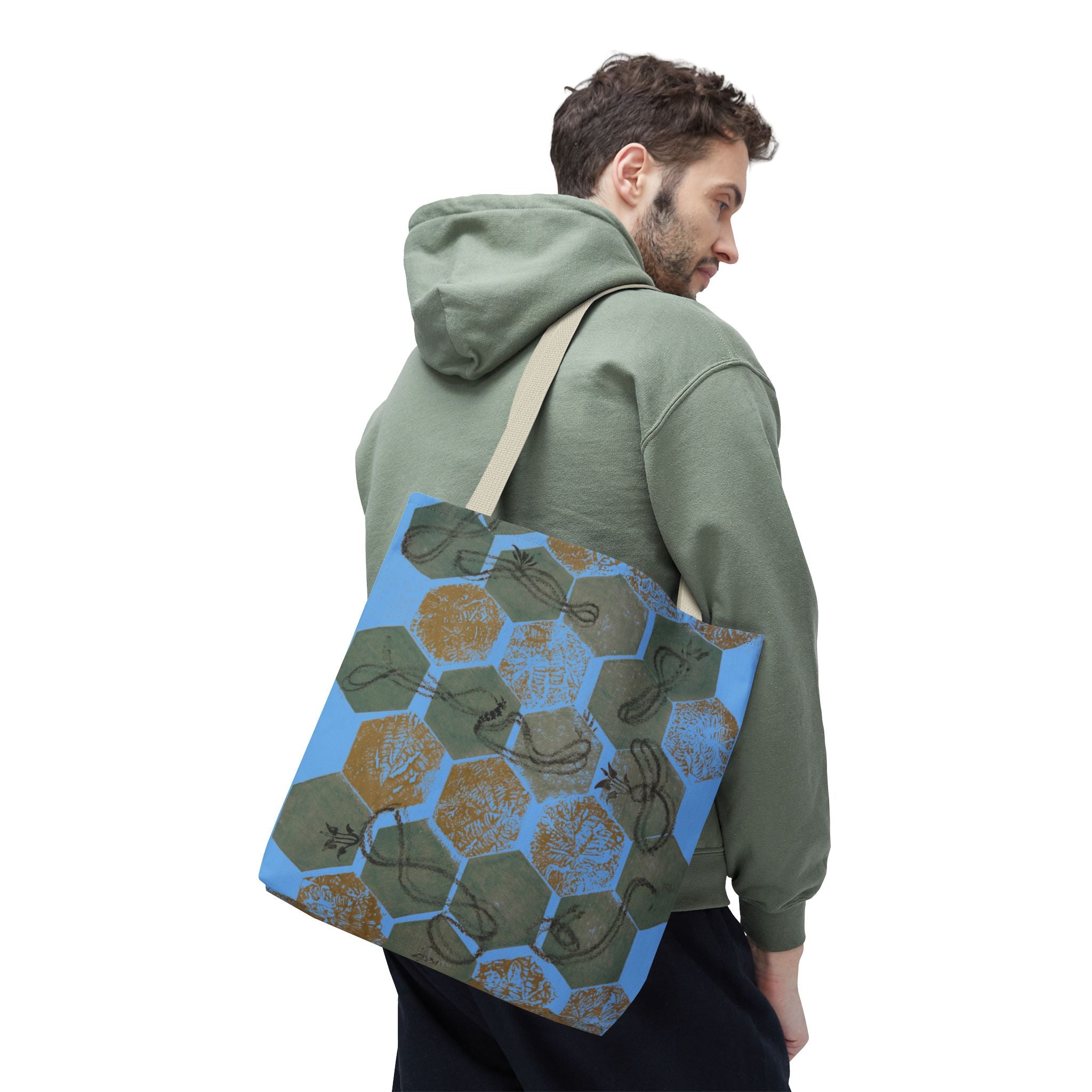 Hexagon Honeycomb Tote Bag — Blue Botanical Pattern AOP