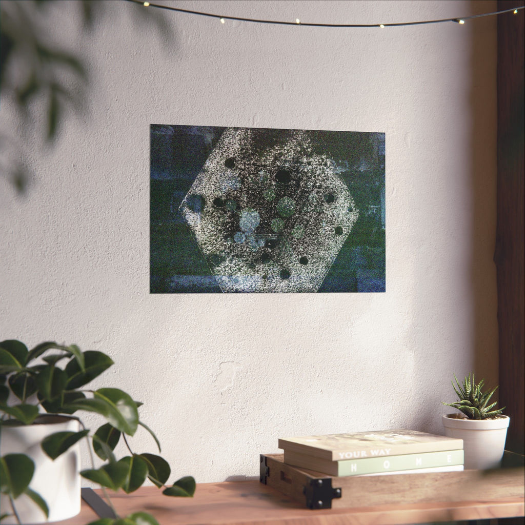 Abstract Hexagon Collage Matte Poster — Moody Blue Geometric Wall Art